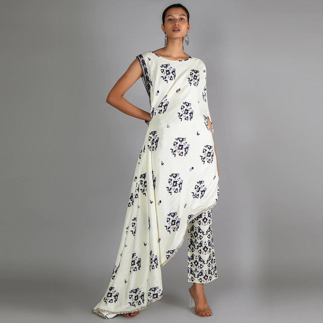 BIRD PRINT DRAPE TOP WITH GEOMETRIC DAMASK PRINT STRAIGHT PANTS WITH EMBROIDERY DETAILING