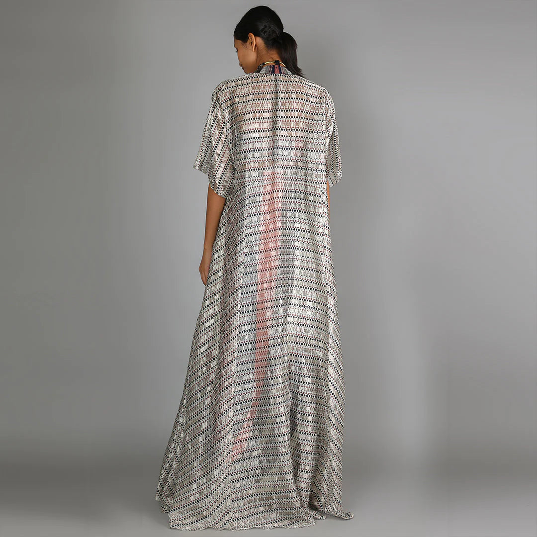 STRIPE PRINT BUSTIER AND DRAPE SKIRT PAIRED WITH JAALI PRINT CHANDERI CAPE