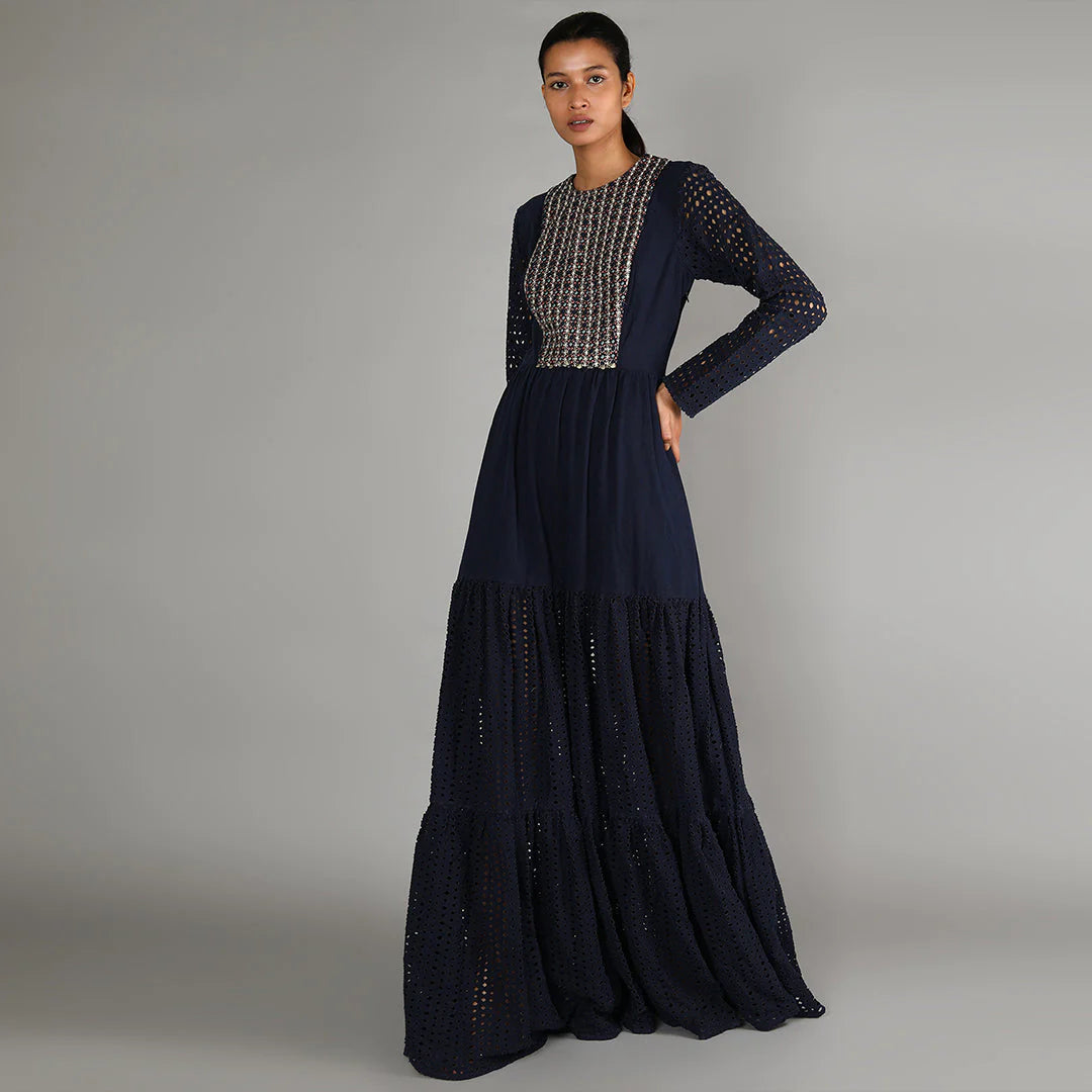 DARK BLUE DENIM LASER CUT TIERED DRESS WITH EMBELLISHED YOKE