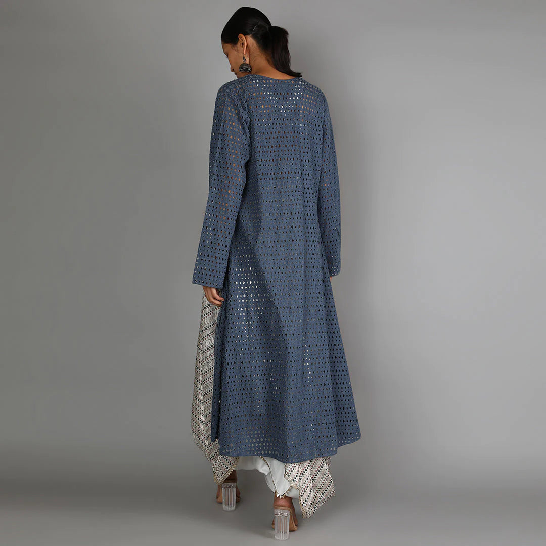 WHITE JAALI PRINT CHANDERI DRAPE SKIRT WITH PRINTED BUSTIER PAIRED WITH DENIM LASER CUT JACKET