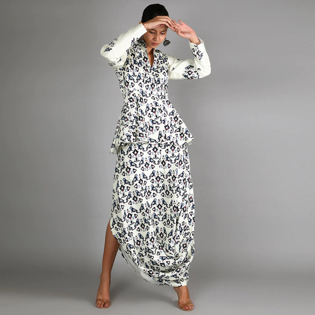 WHITE GEOMETRIC DAMASK PRINT PEPLUM PAIRED WITH PRINTED SKIRT