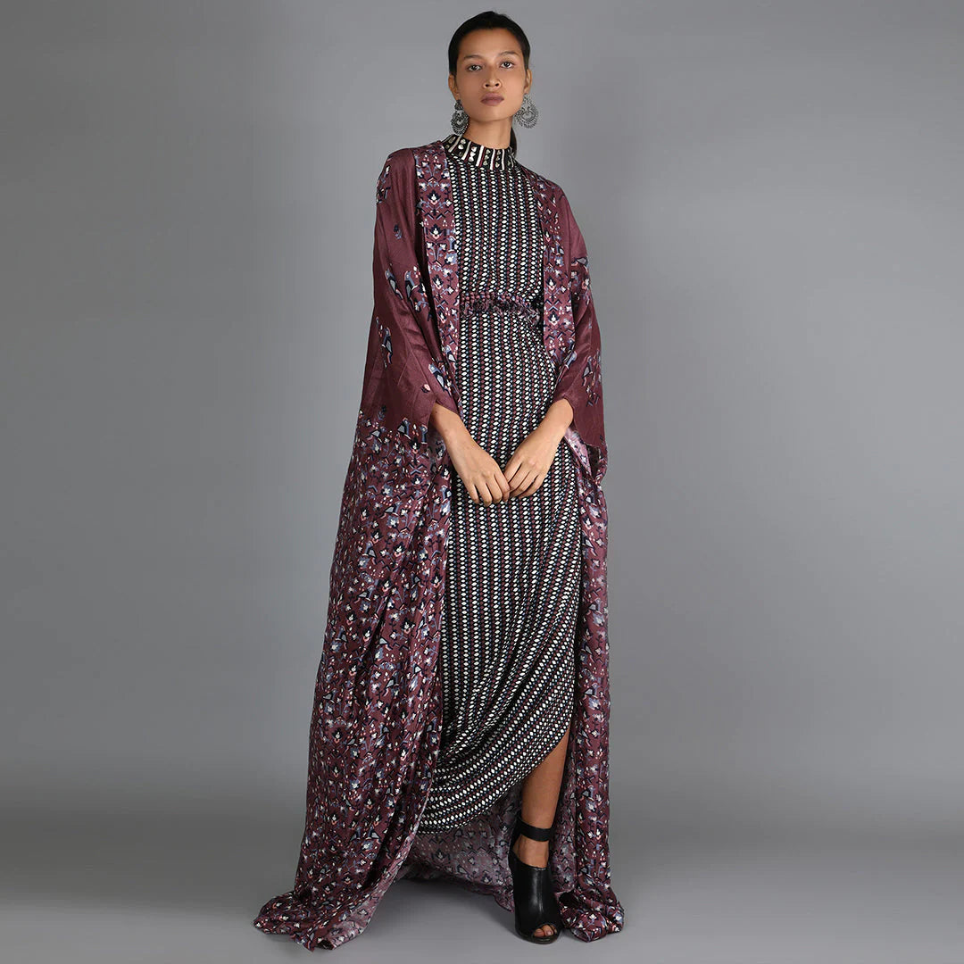 BLACK JAALI PRINT DRAPE DRESS WITH MERLOT HALF BIRD PRINT AND HALF GEOMETRIC DAMASK PRINT CAPE WITH EMBROIDERY DETAILING