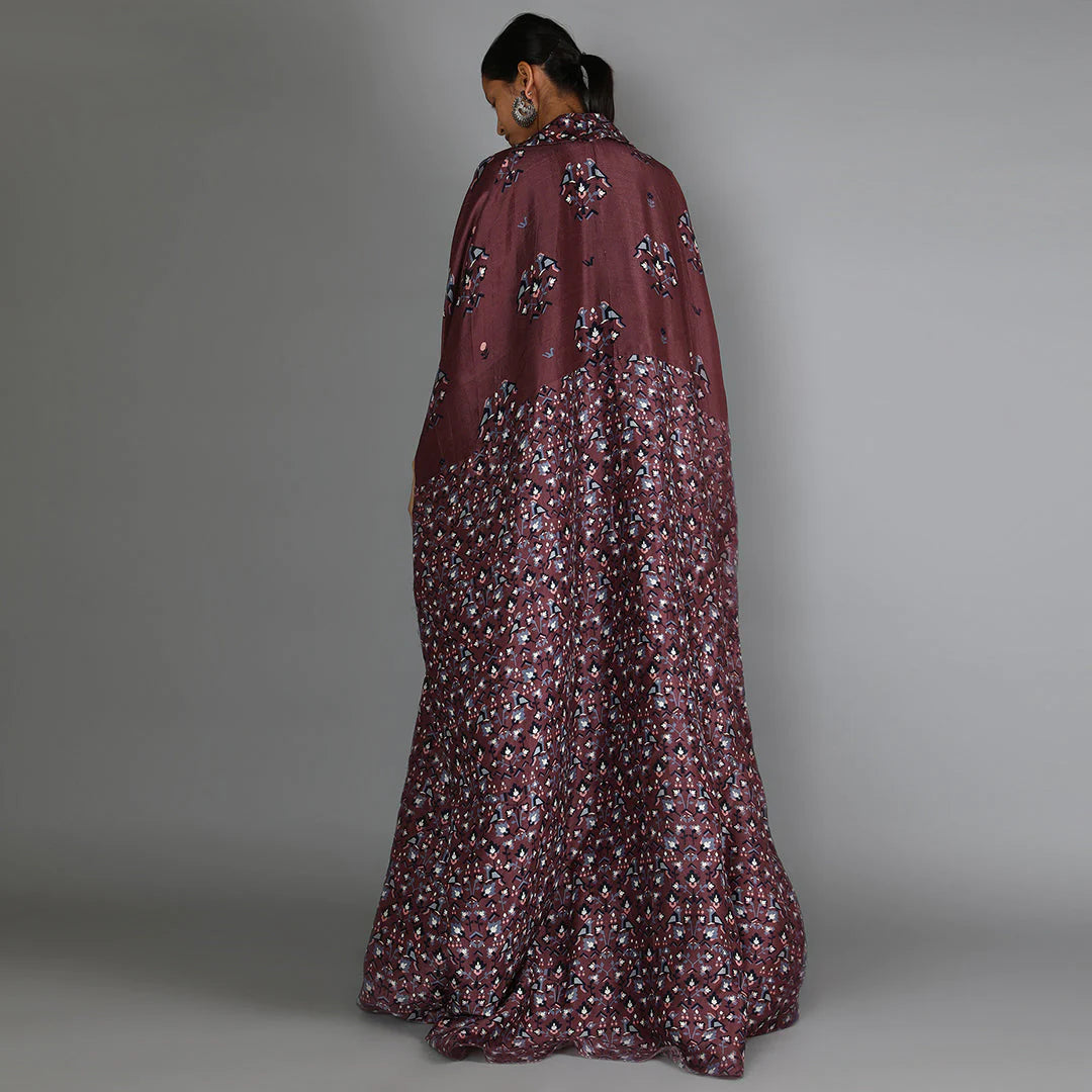 BLACK JAALI PRINT DRAPE DRESS WITH MERLOT HALF BIRD PRINT AND HALF GEOMETRIC DAMASK PRINT CAPE WITH EMBROIDERY DETAILING