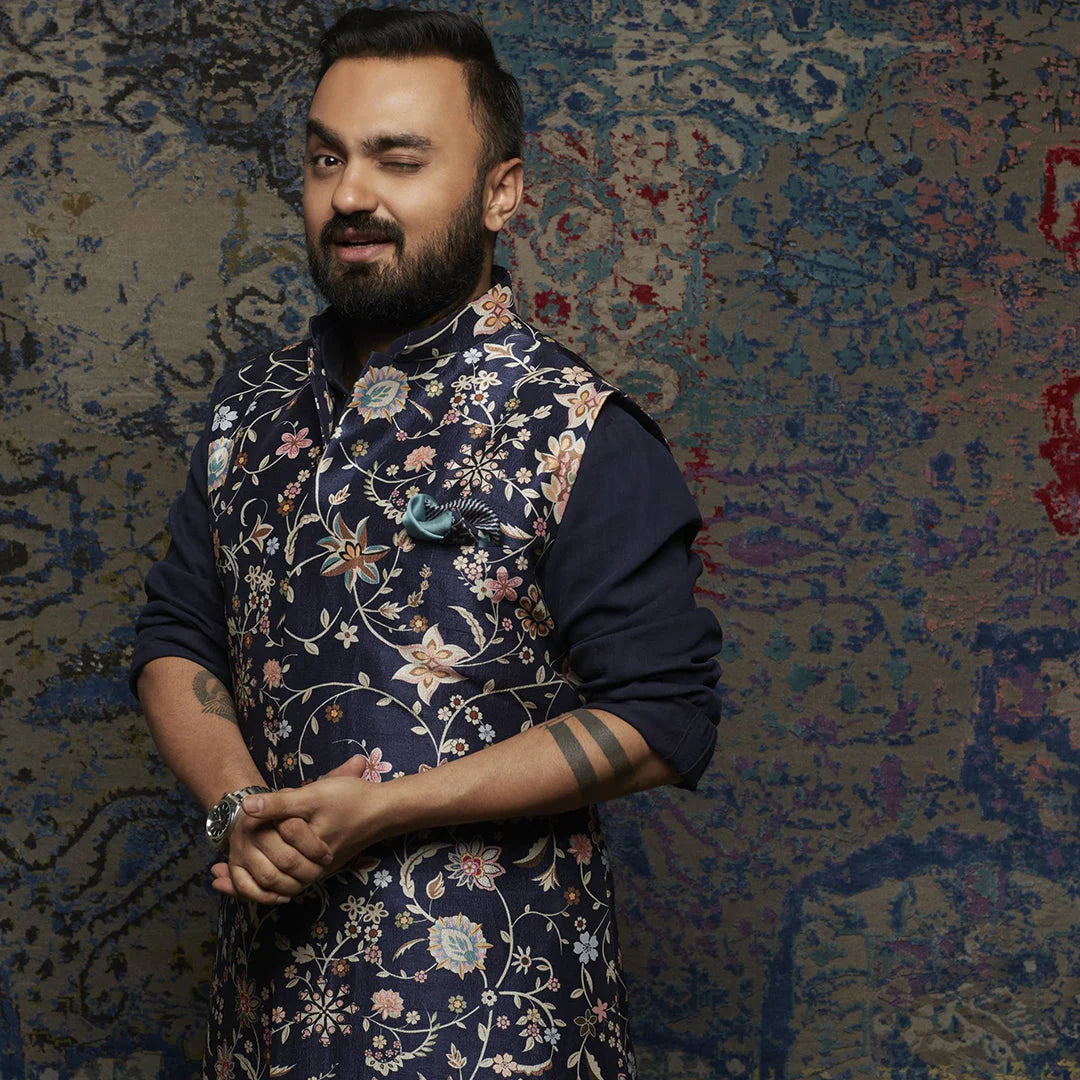 DARK BLUE DEMIN KURTA SET PAIRED WITH FLORAL PRINT BUNDI