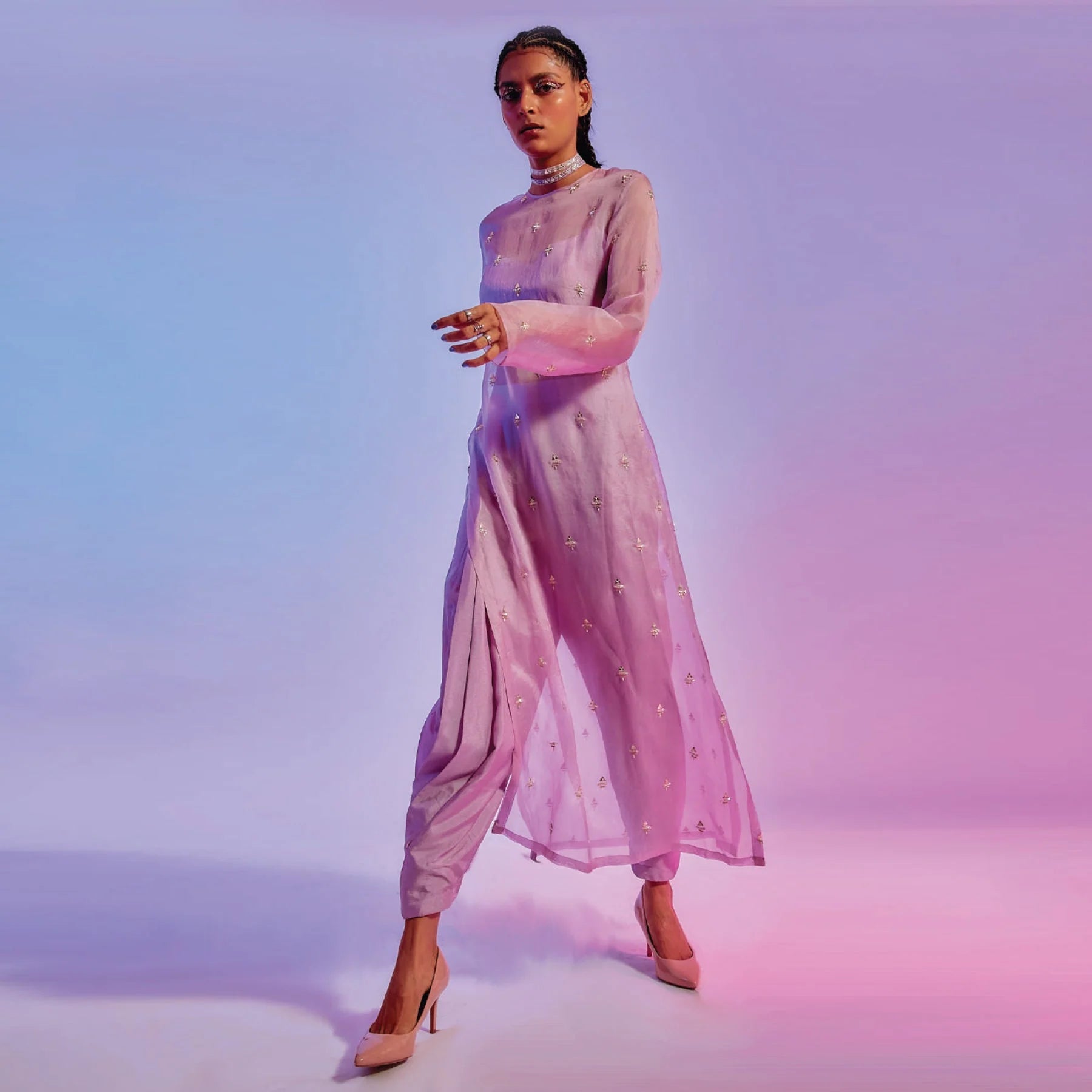 LILAC DRAPED PANTS WITH BUSTIER TEAMED WITH AN ORGANZA OVERLAY