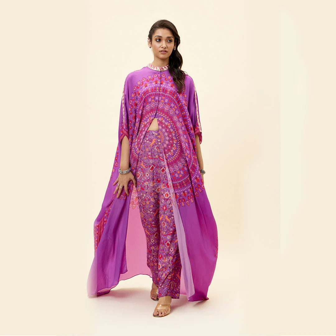 PURPLE RAVI BUTTA PRINT KAFTAN WITHPURPLE SAANJH PRINT PANTS