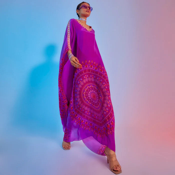 PURPLE RAVI PRINT KAFTAN WITH EMBELLISHED NECKLINE