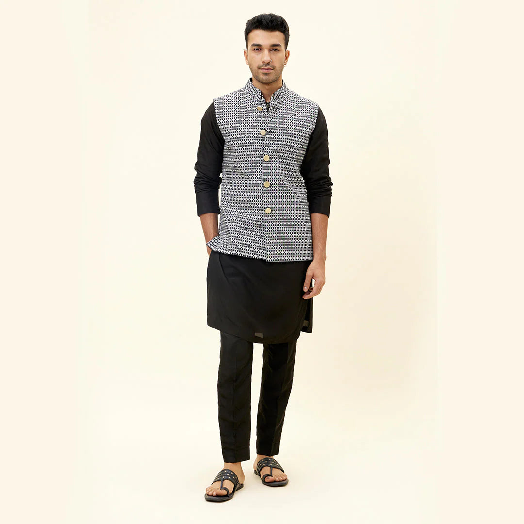 BLACK RAWSILK BUNDI WITH BLACK AND WHITE GEO PRINT REVERSIBLE