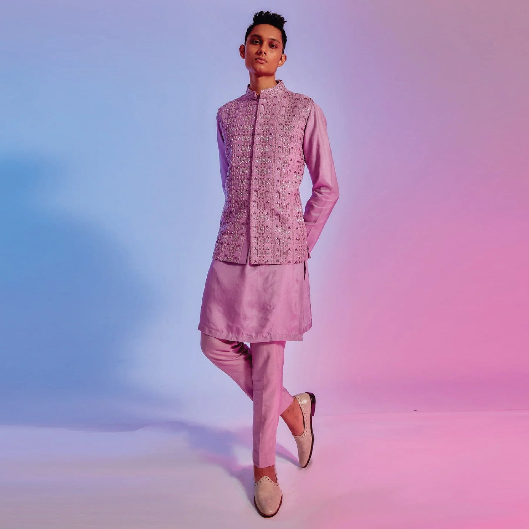 LILAC KURTA WITH EMBELLISHED COLLAR AND KURTA PATTI AND PANTS PAIRED WITH LILAC INTRICATE EMBELLISHED BUNDI