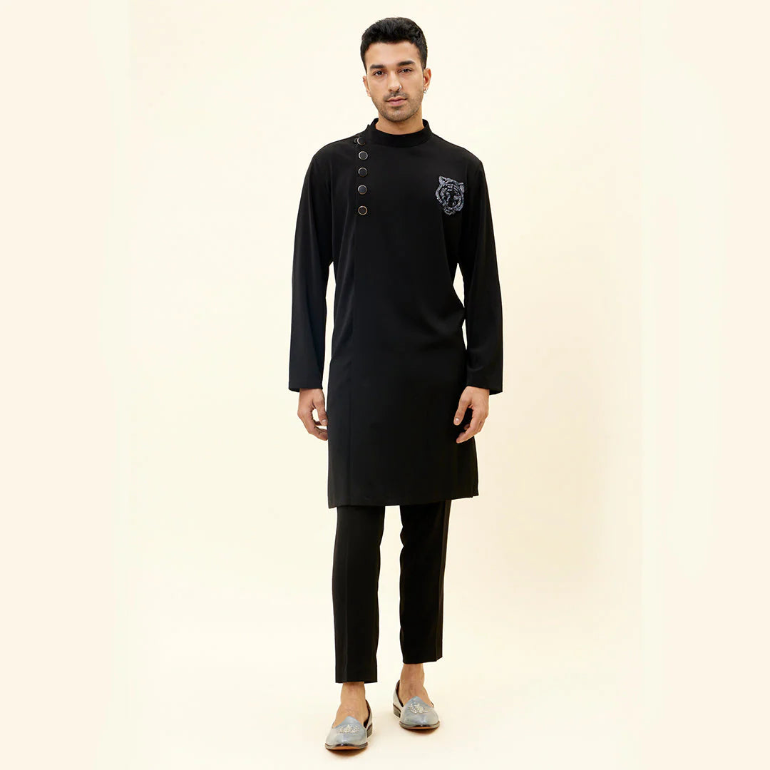 BLACK VOLVO OVERLAP KURTA WITH TIGER EMB ON SIDE WITH PANTS