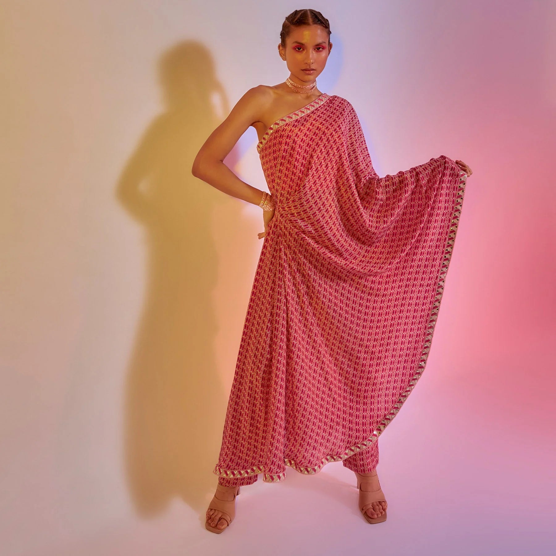 LATTICE PRINTED ONE SHOULDER SAREE WITH PANTS