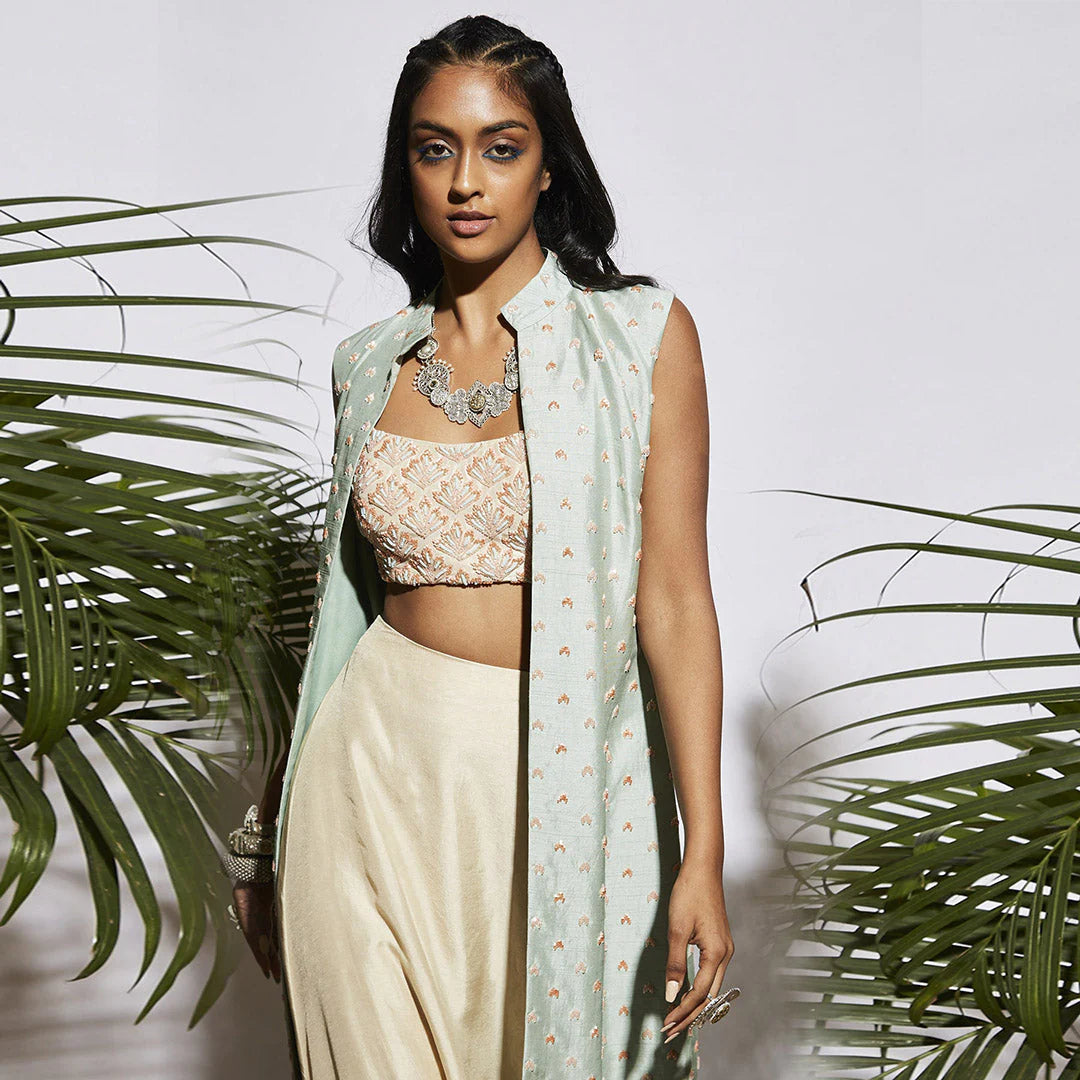 BIEGE MINT OMBRE DRAPE SKIRT WITH BIEGE AND MINT EMBROIDERED STRUCTURED JACKET