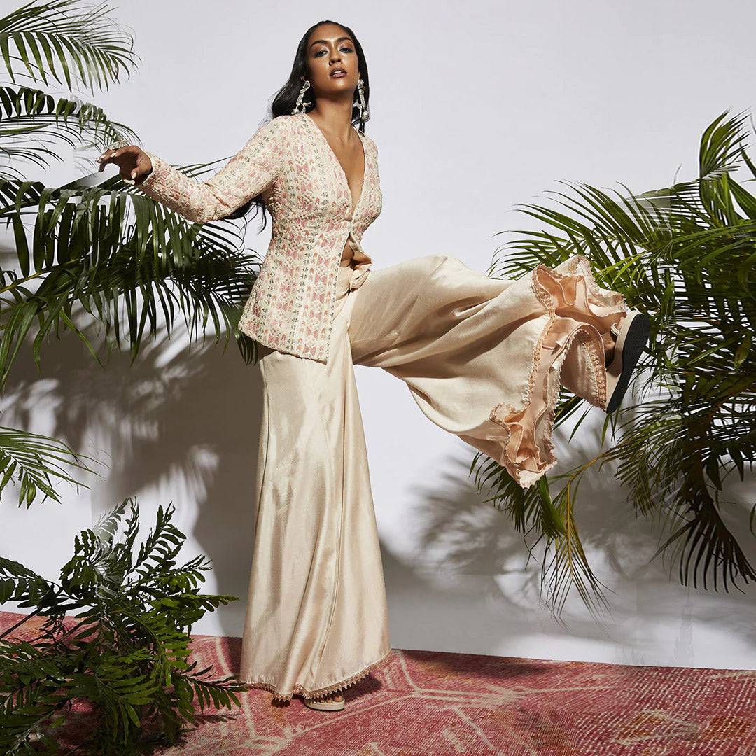 BEIGE EMBELLISHED STRUCTURED JACKET WITH BEIGE SHARARA PANTS