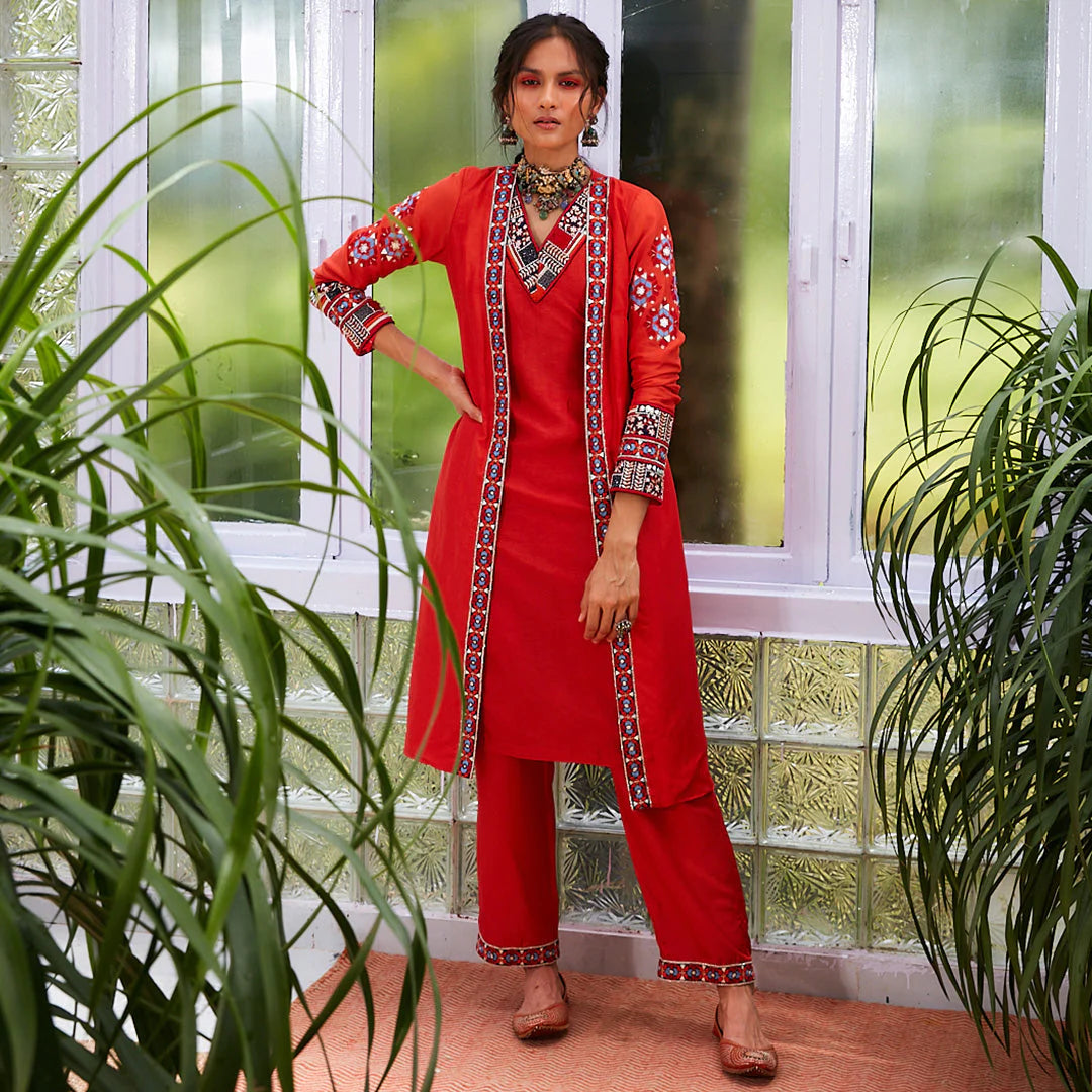 ORANGE EMBROIDERED OPEN JACKET WITH INNER AND PANTS