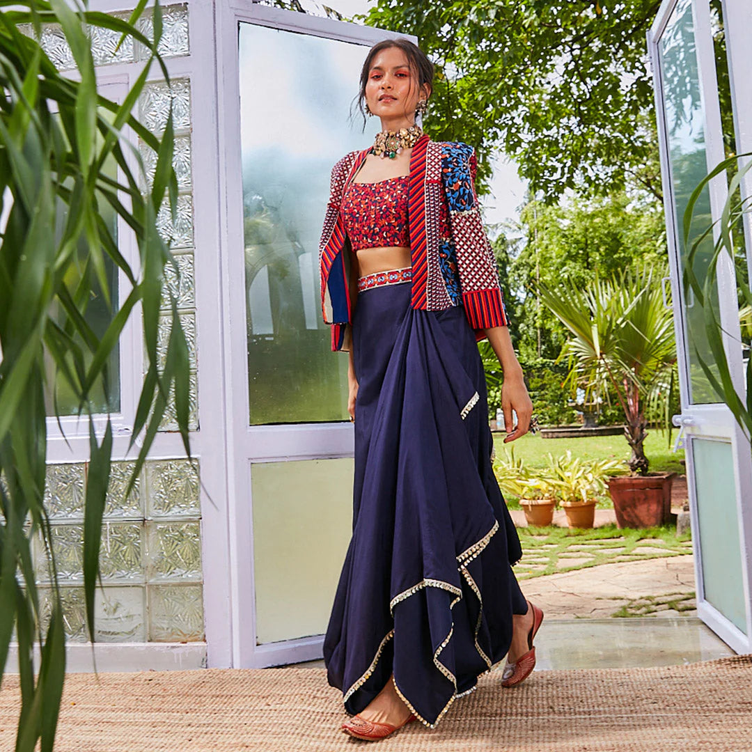 PATCHWORK NOOR JACKET WITH JAAL BUSTIER AND NUSHRAT DRAPE SKIRT