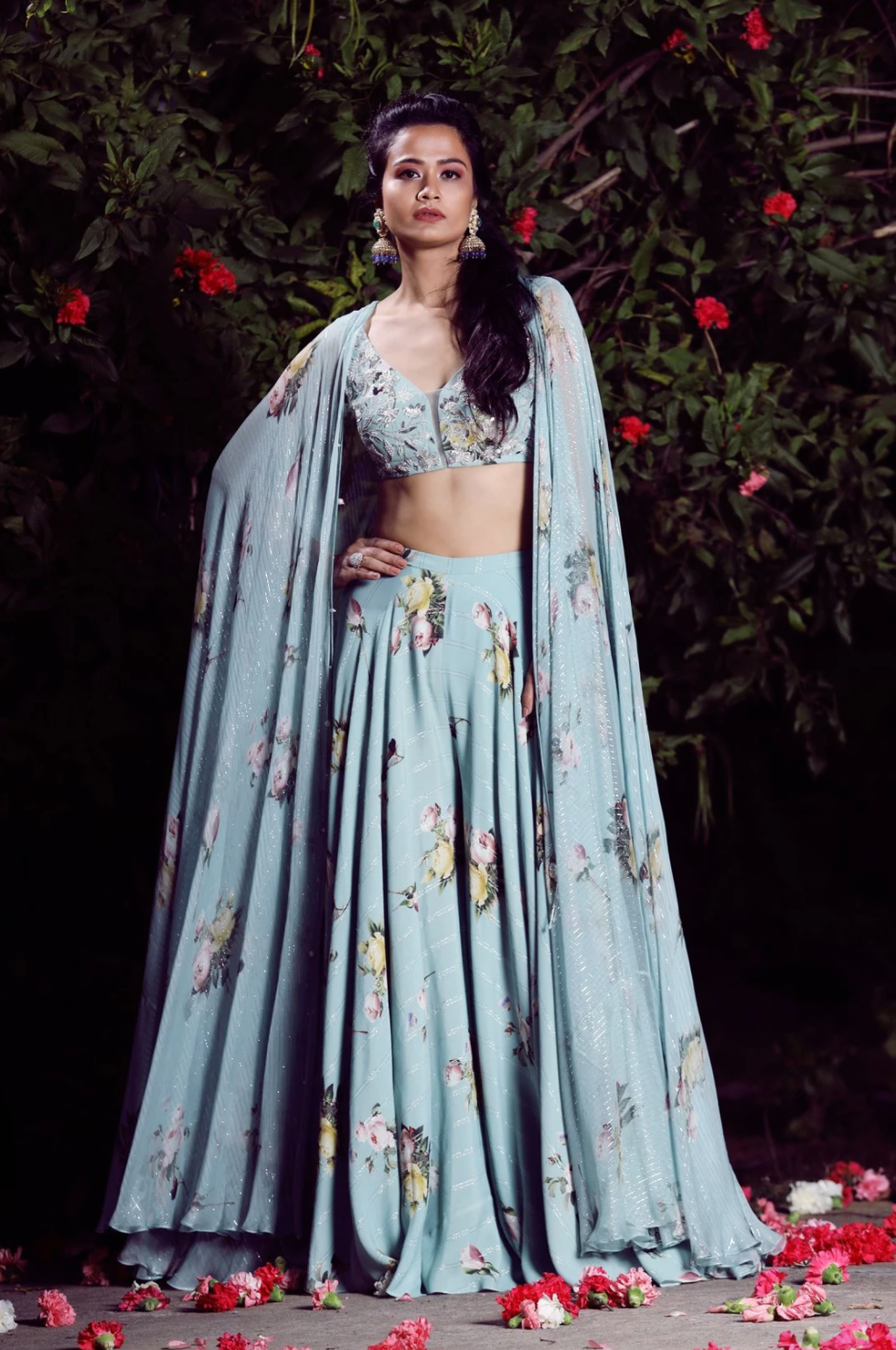 Kusha Kapila In Our Aquamarine cape plazoo set