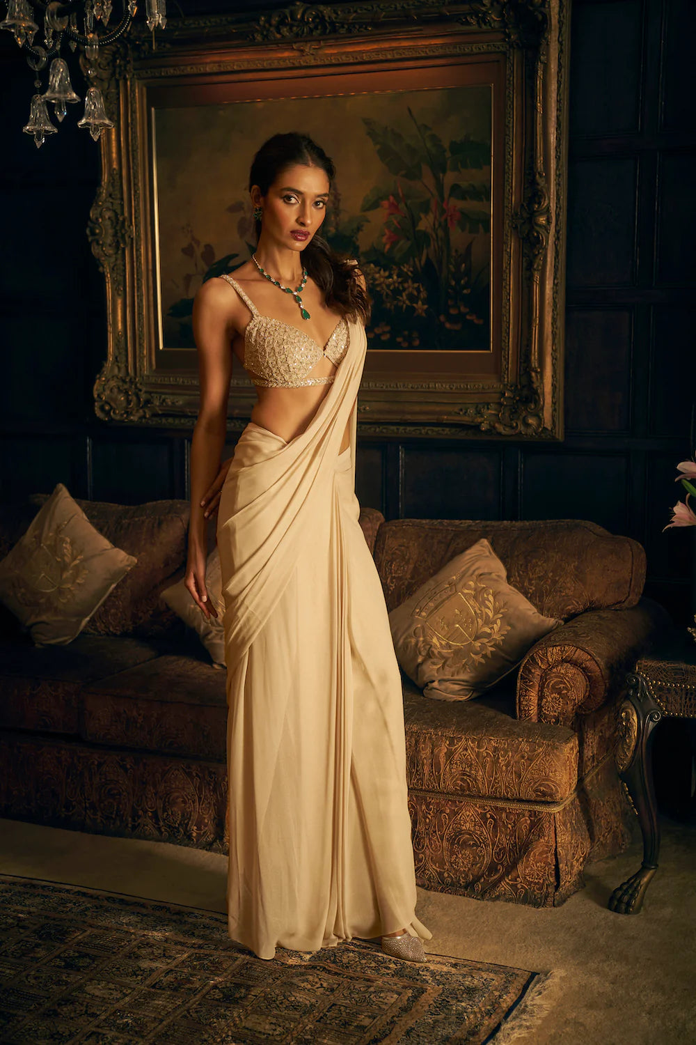 golden glam dress code Dusky Gold Shimmer Lycra Pre-Stitched Saree – Roopkala Global main image 1