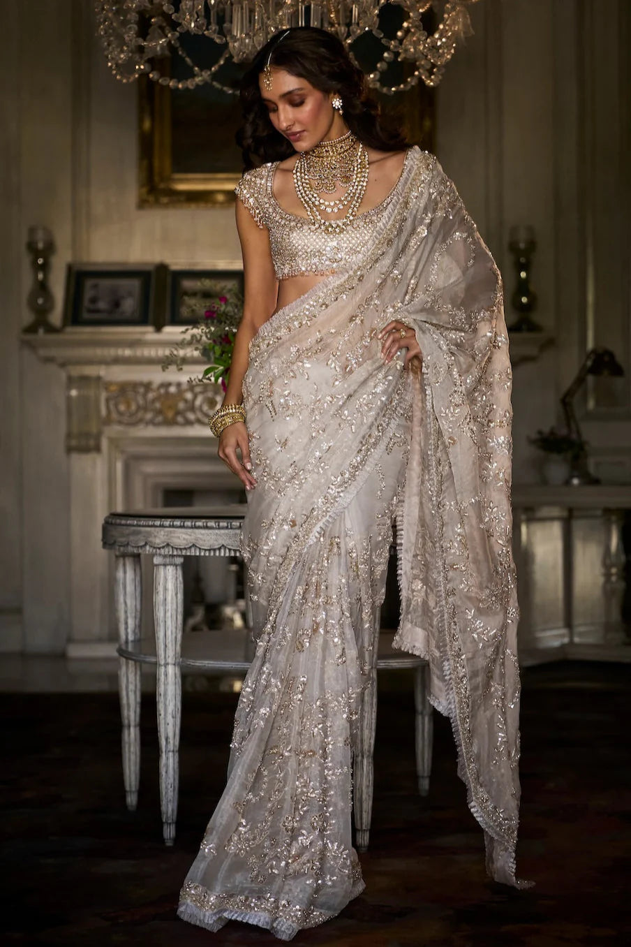 Ivory Gold Sequin Saree