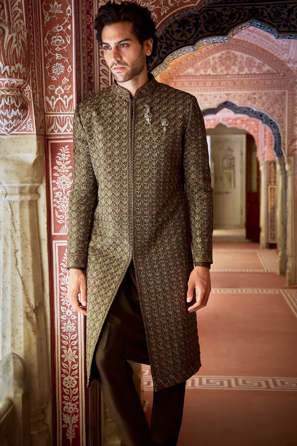 Olive Green Thread Sequin Sherwani Set