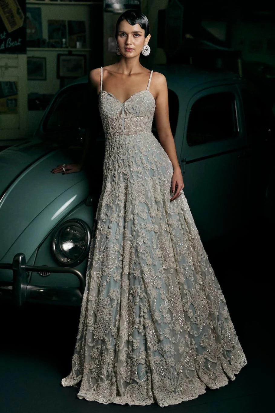 green emerald velvet dress Powder Blue Pearl Gown
