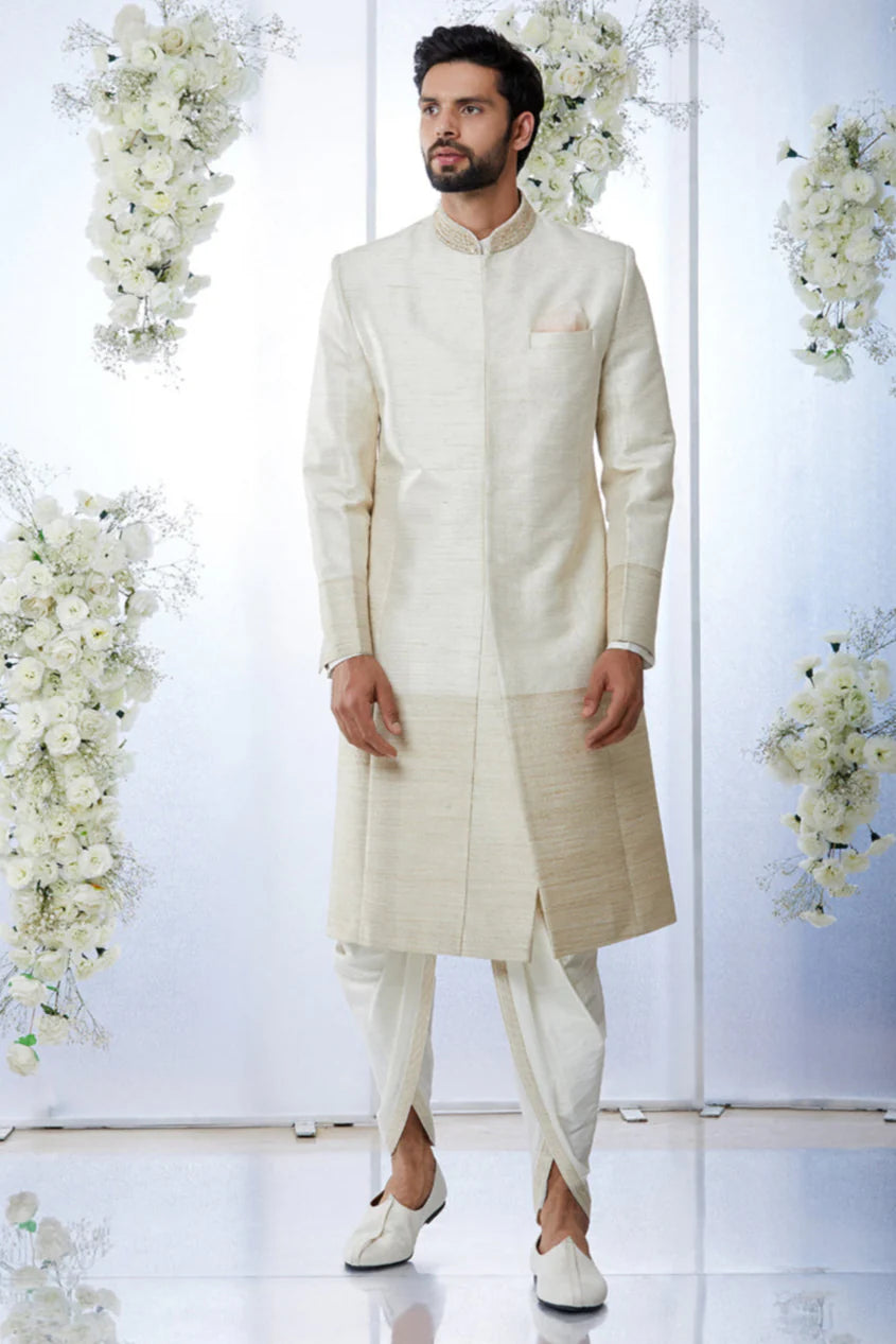 Cream Gold Sherwani Set