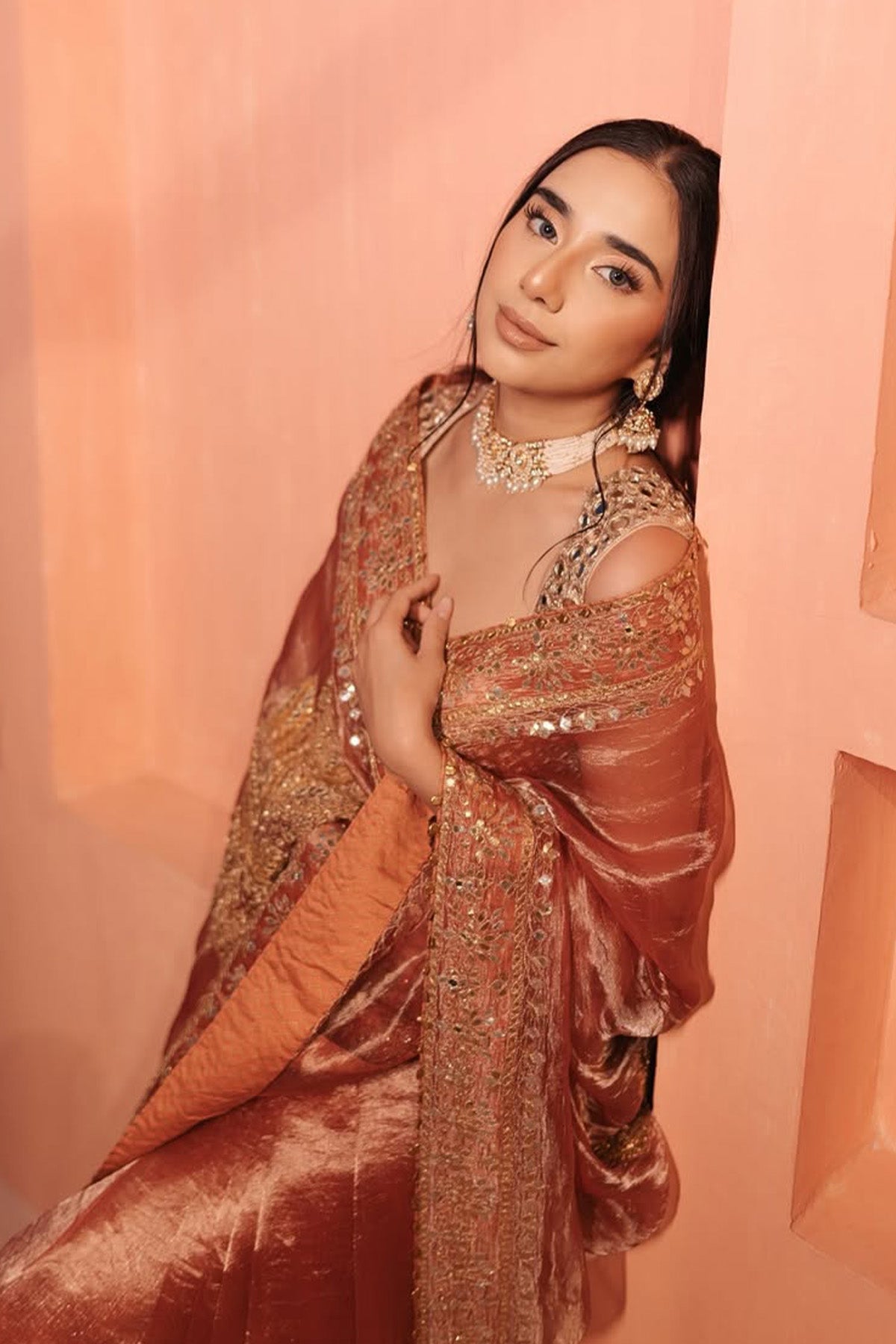 Anupreet Sidhu in Mayur Shilp Saree and Rose Gold Mirror blouse
