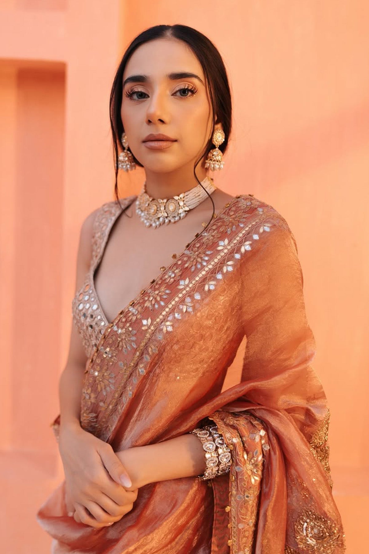 Anupreet Sidhu in Mayur Shilp Saree and Rose Gold Mirror blouse