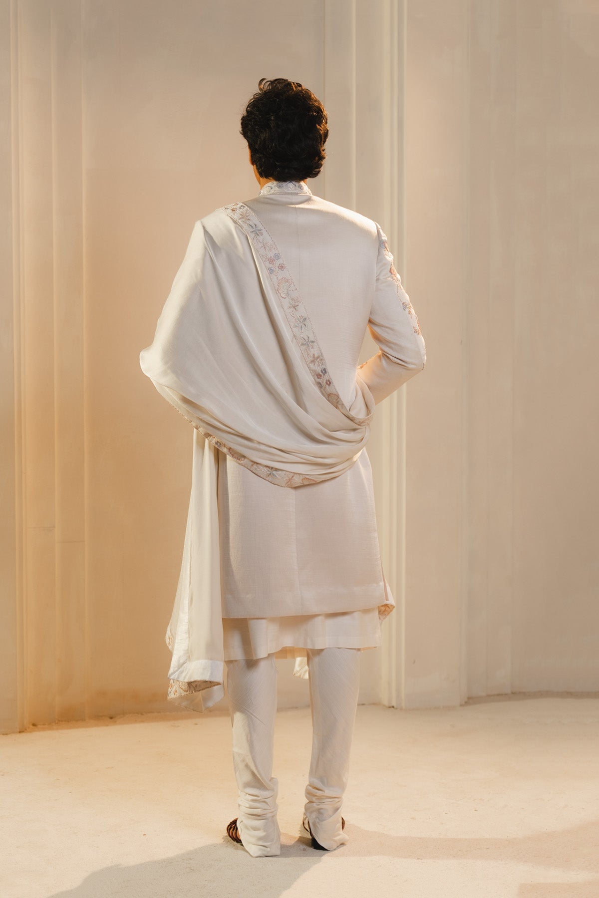 Ivory Silk Hand Painted And Hand Embroidered Sherwani Set