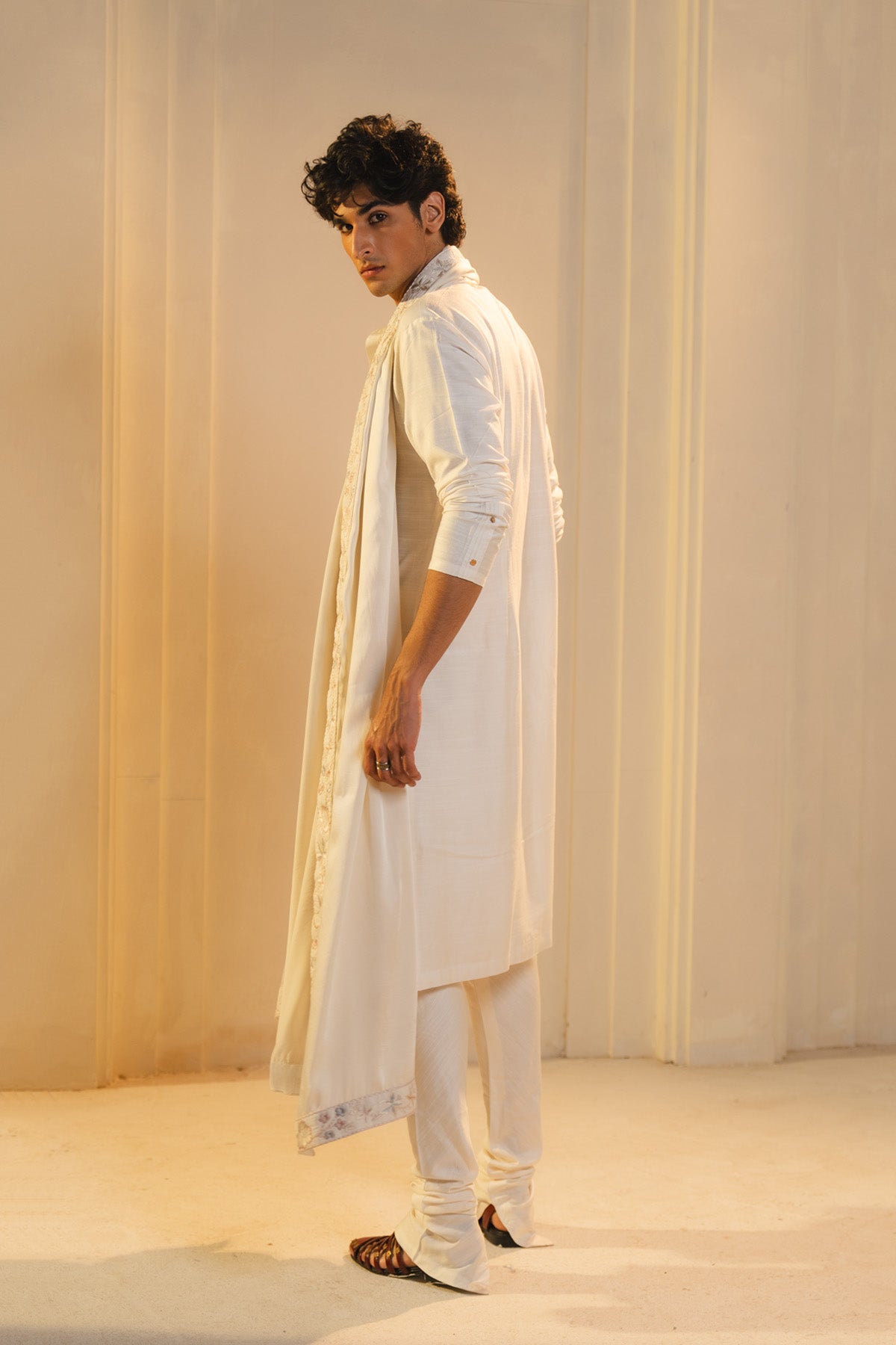 Ivory Silk Hand Painted And Hand Embroidered Sherwani Set
