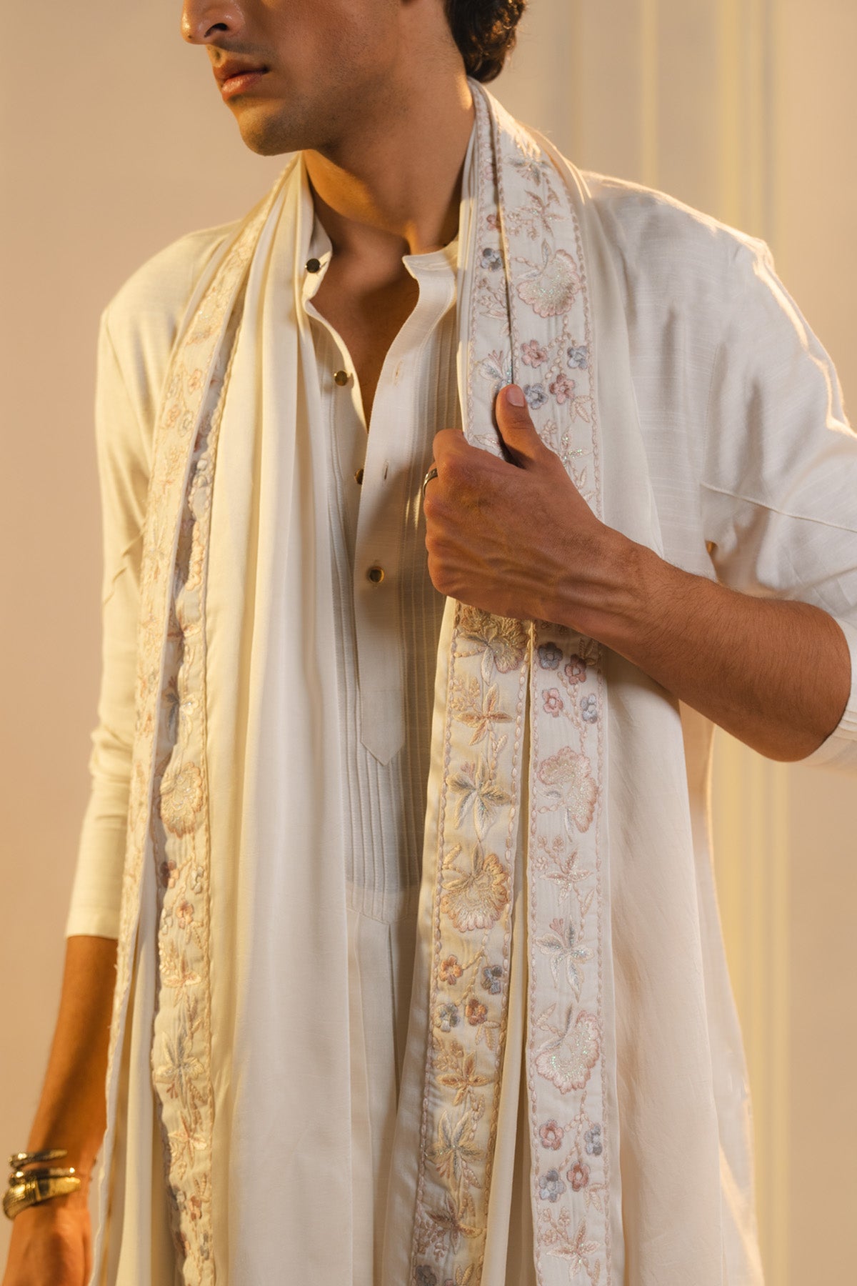 Ivory Silk Hand Painted And Hand Embroidered Sherwani Set