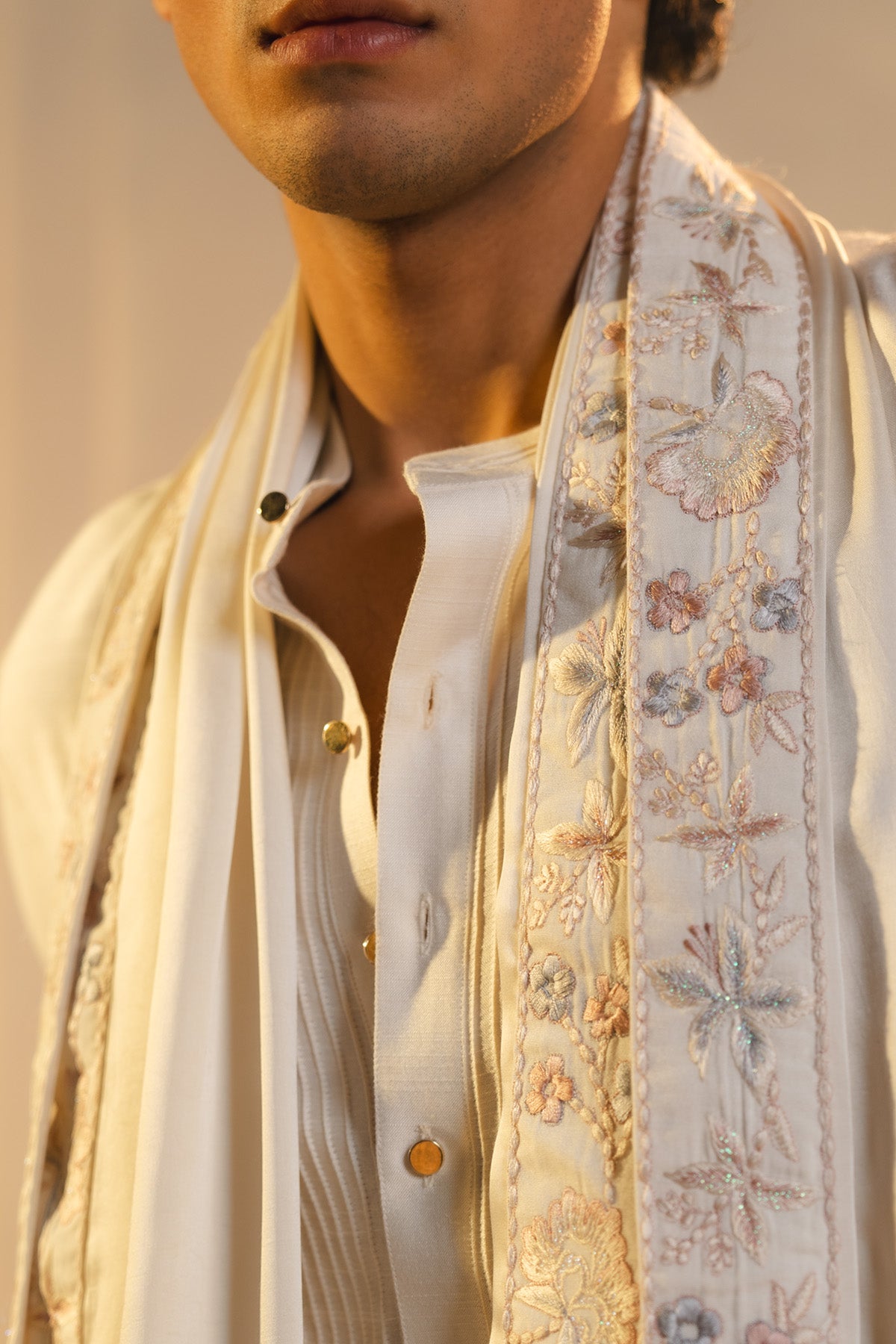 Ivory Silk Hand Painted And Hand Embroidered Sherwani Set