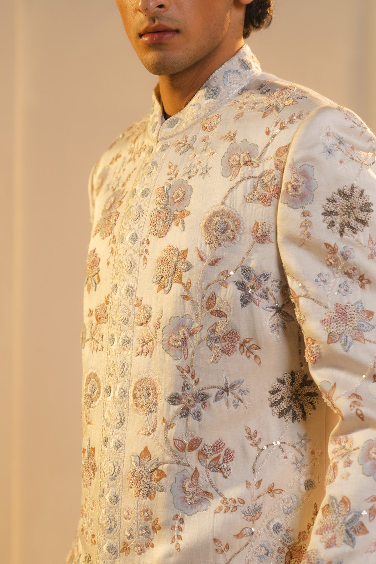 Ivory Silk Hand Painted And Hand Embroidered Sherwani Set
