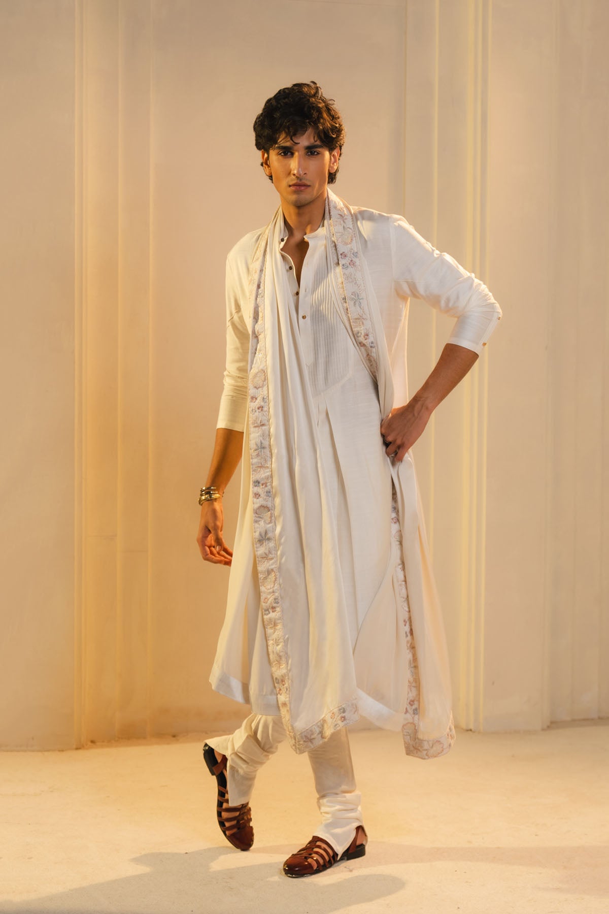 Ivory Silk Hand Painted And Hand Embroidered Kurta Set