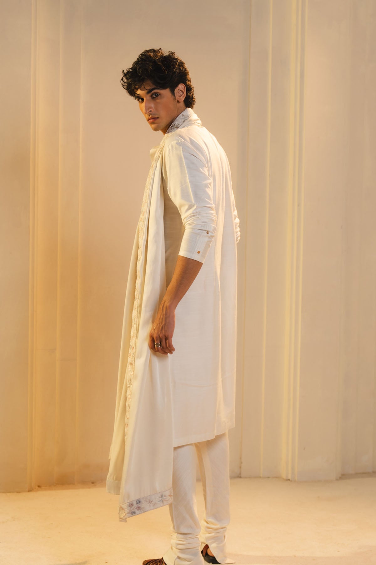 Ivory Silk Hand Painted And Hand Embroidered Kurta Set