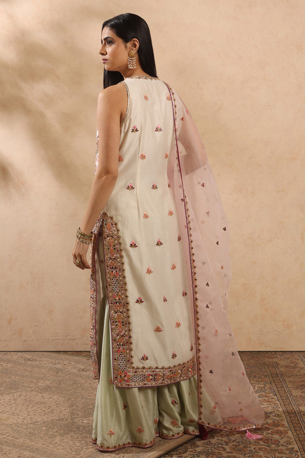 Ivory And Green Sharara Set