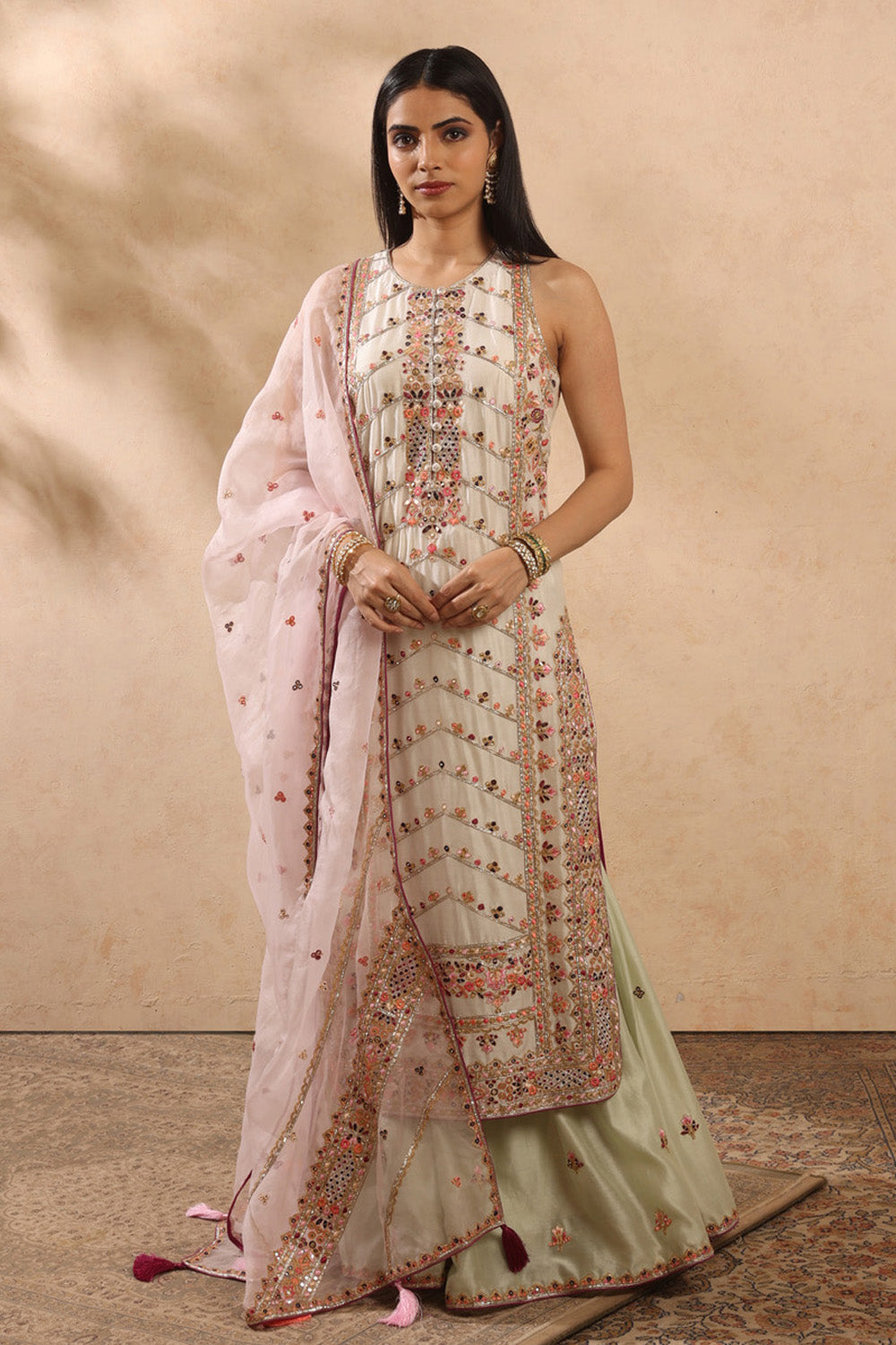 Ivory And Green Sharara Set