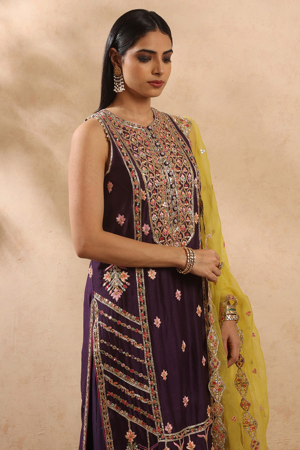 Aubergine And Yellow Sharara Set