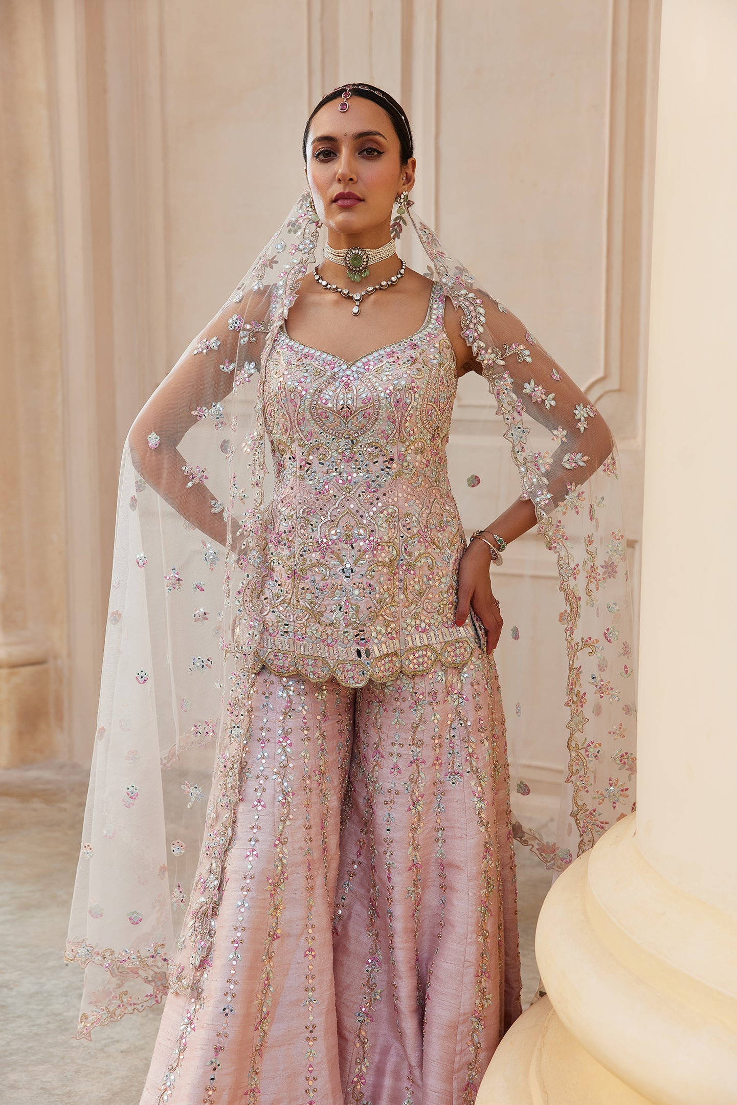 Pink Raw Silk Mirror Sharara Set