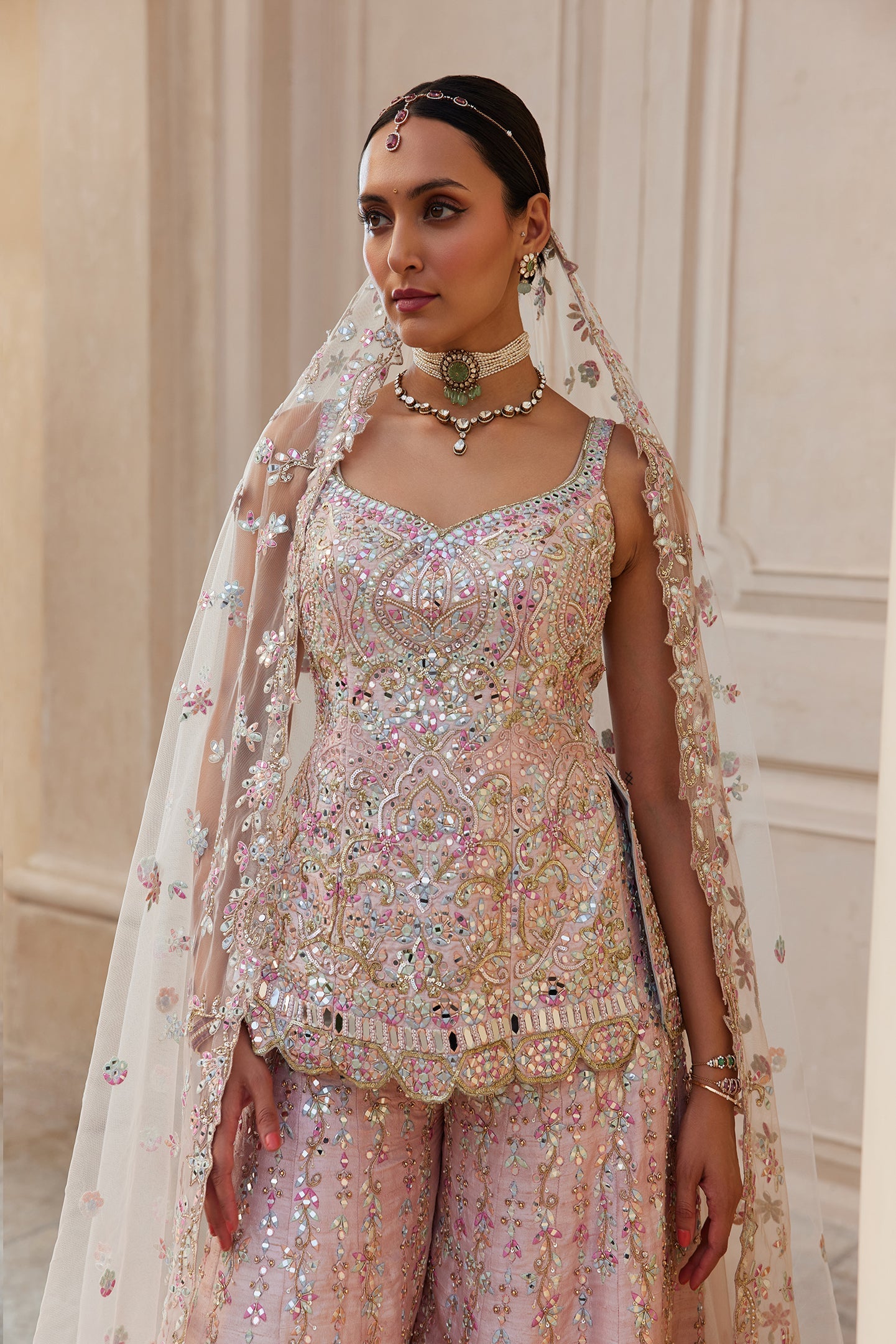 Pink Raw Silk Mirror Sharara Set