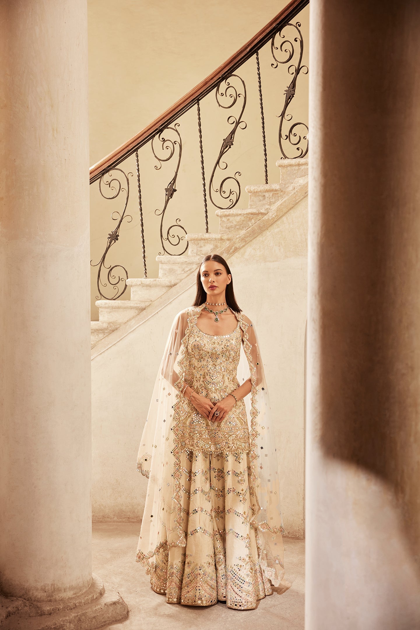 Ivory Chevron Mirror Sharara Set 00
