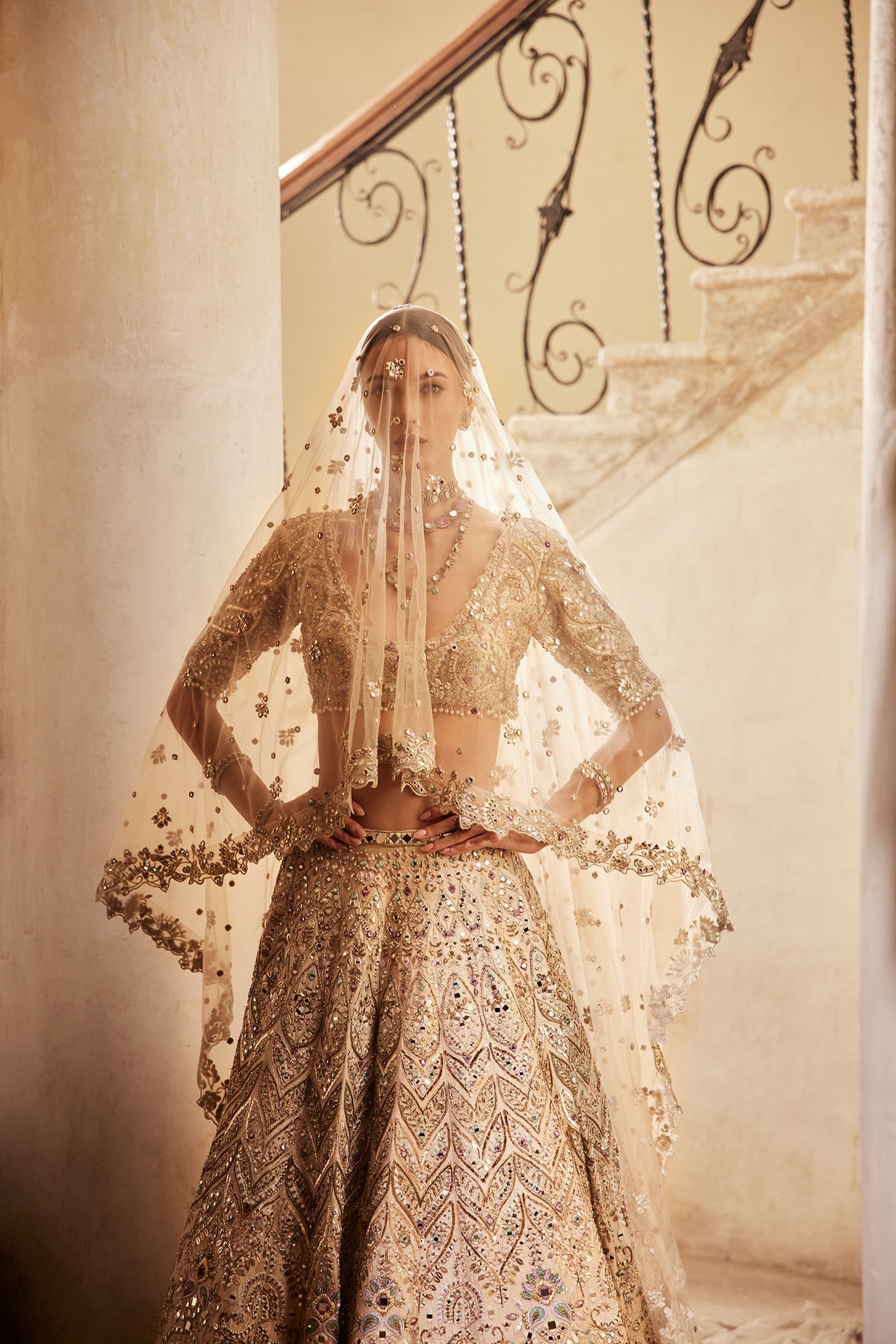 Champagne Rawsilk Mirror Lehenga Set