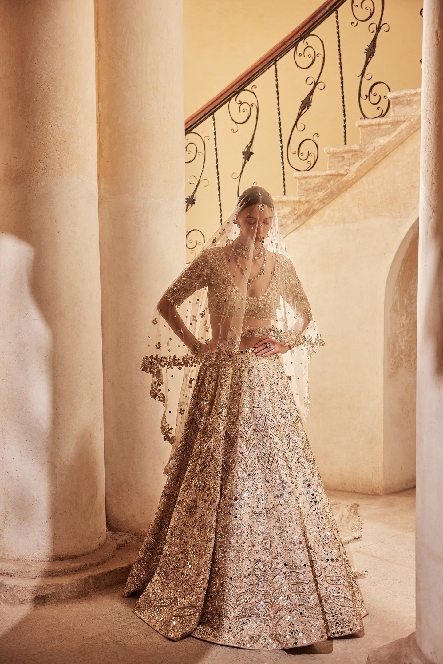 Champagne Rawsilk Mirror Lehenga Set