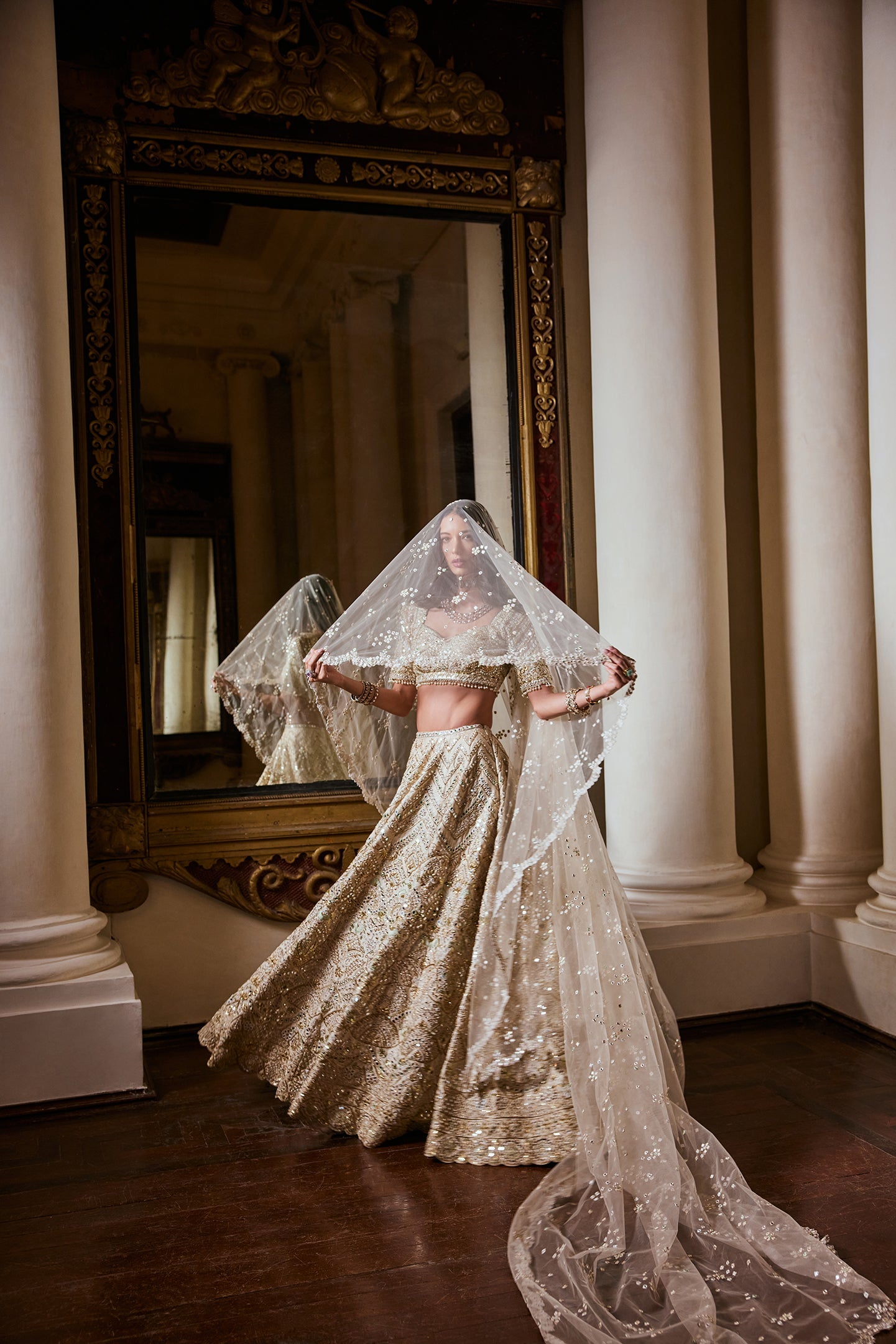 Cream Lehenga With Green Highlighting