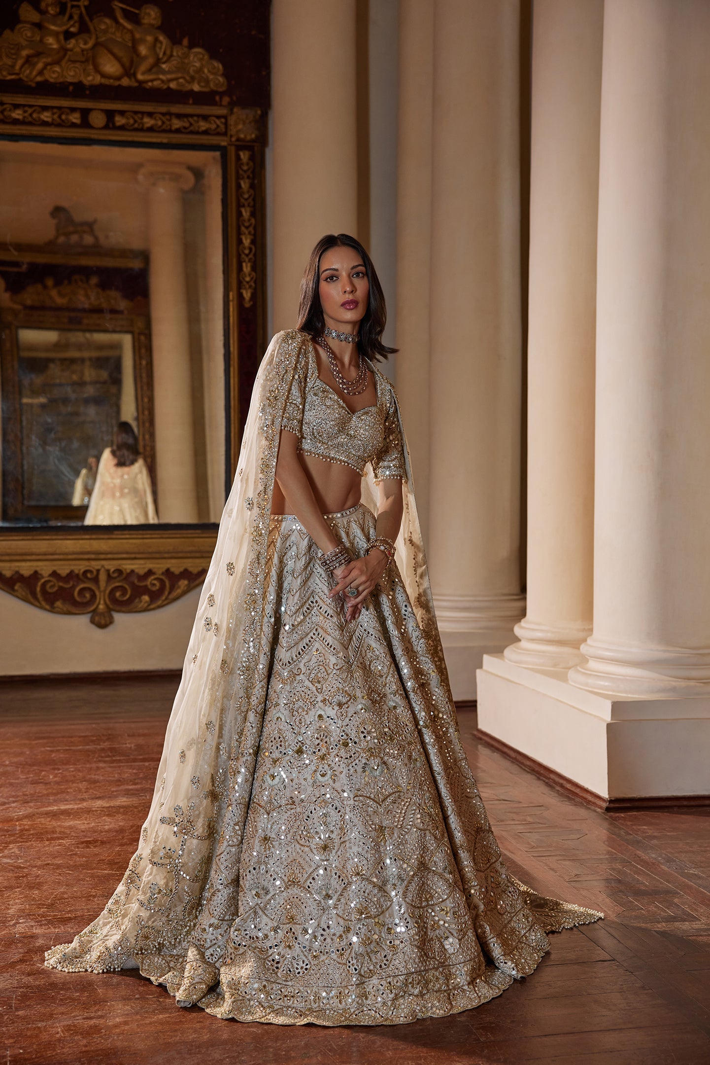 Cream Lehenga With Green Highlighting