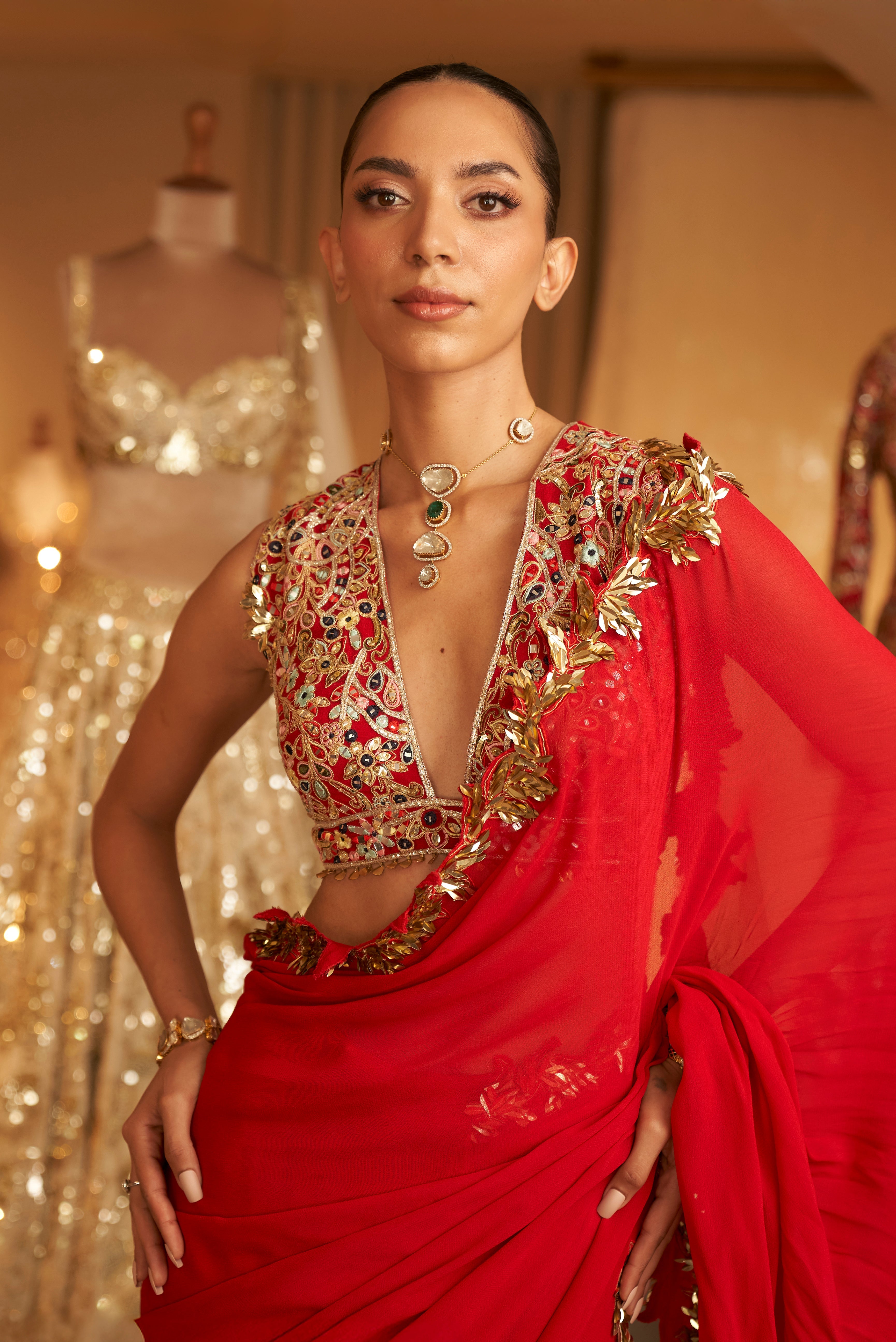 Red And Gold Embroidered Saree Set