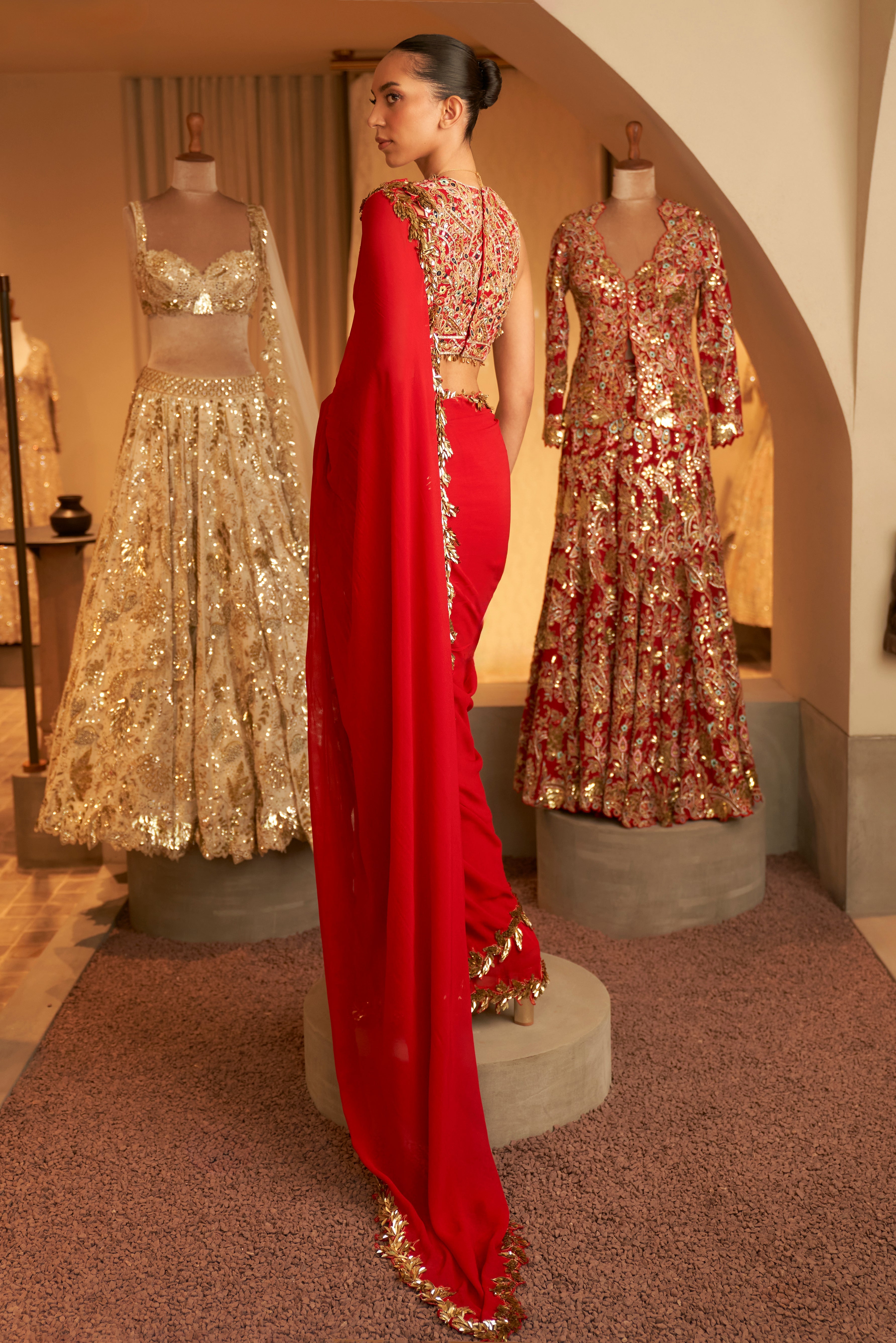 Red And Gold Embroidered Saree Set