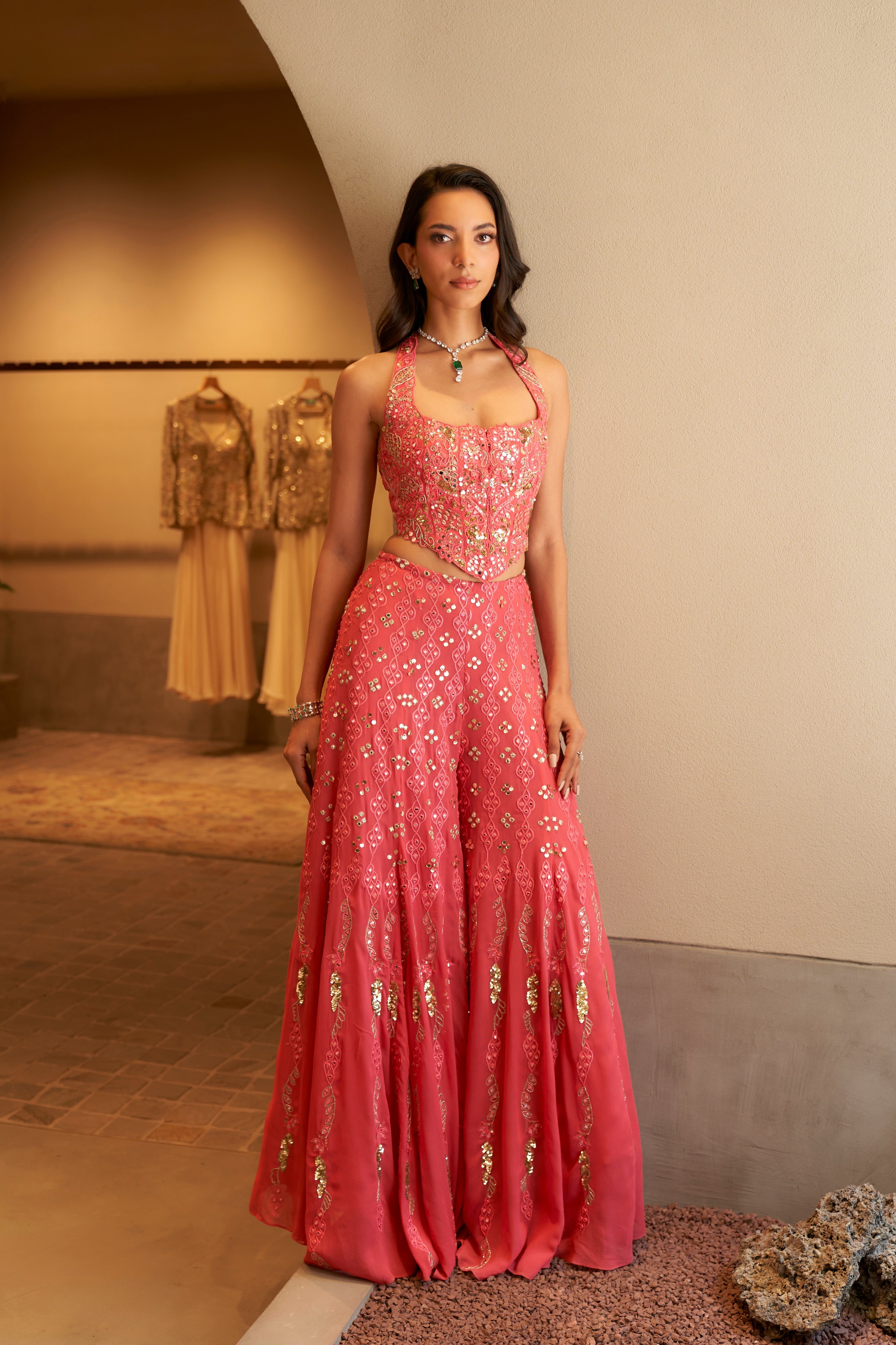 Pink High Waist Sharara With A Corset Blouse