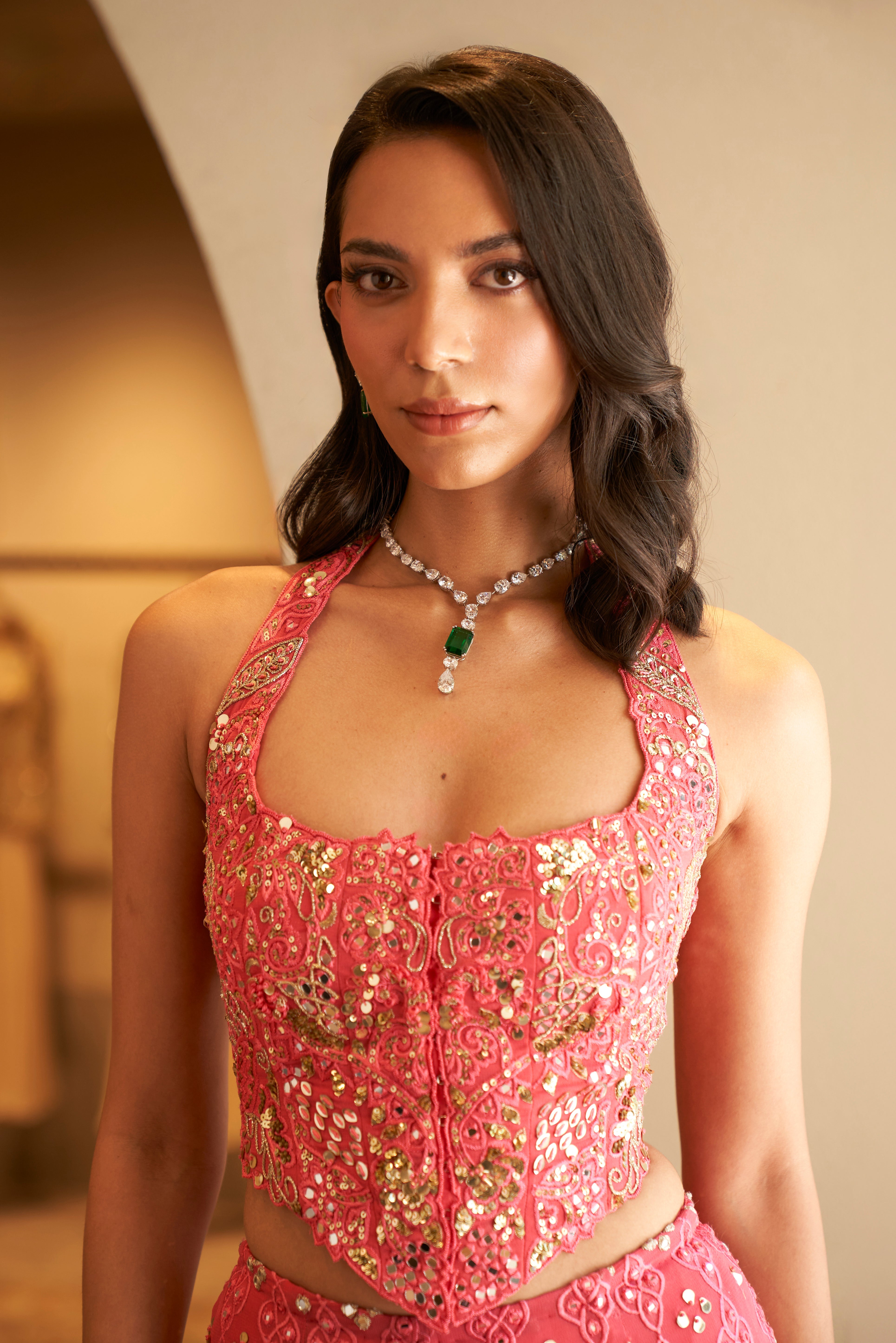 Pink High Waist Sharara With A Corset Blouse