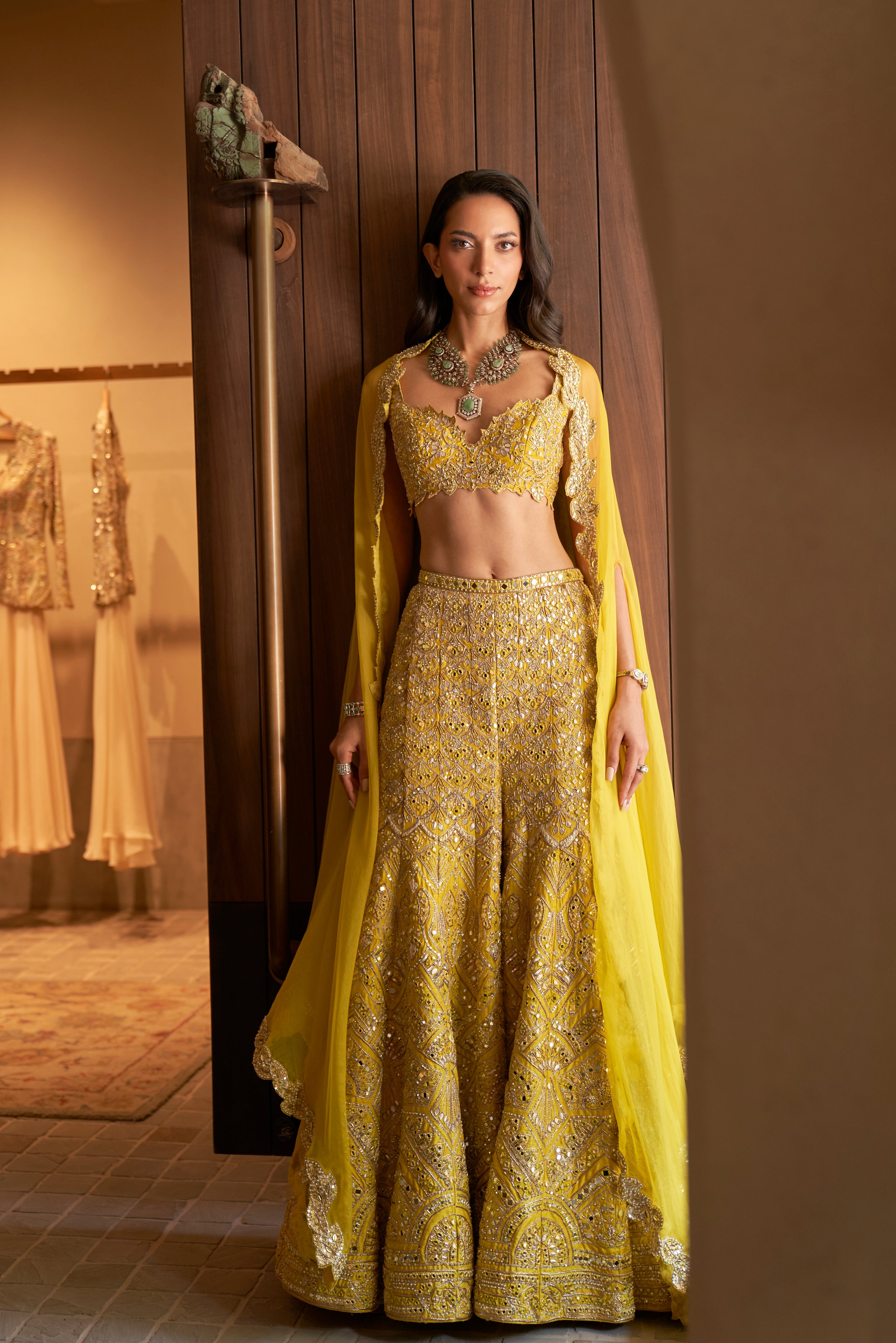 Yellow Rawsilk High Waist Sharara With Cape
