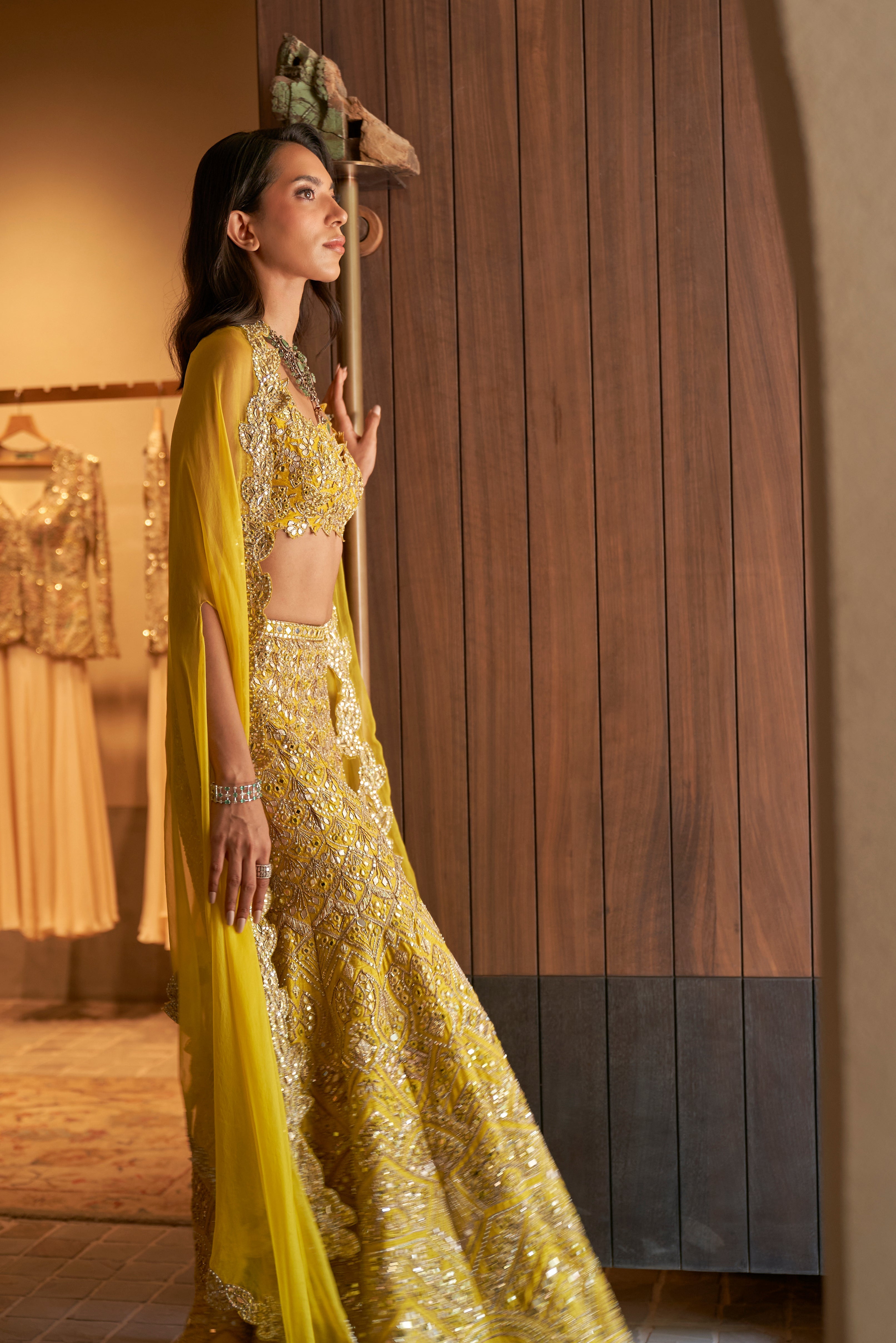 Yellow Rawsilk High Waist Sharara With Cape